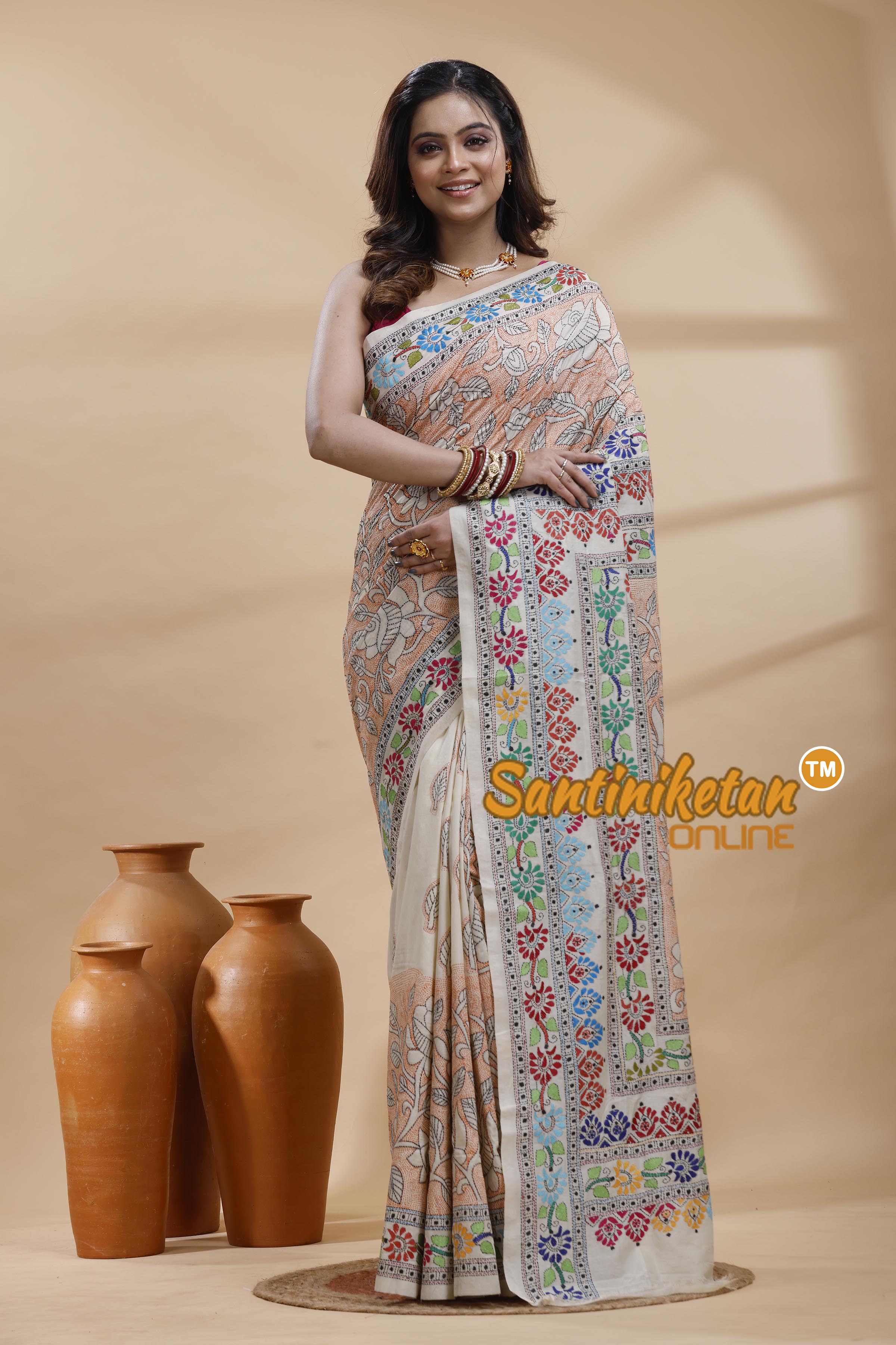 Tussar Silk Kantha Stitch Saree