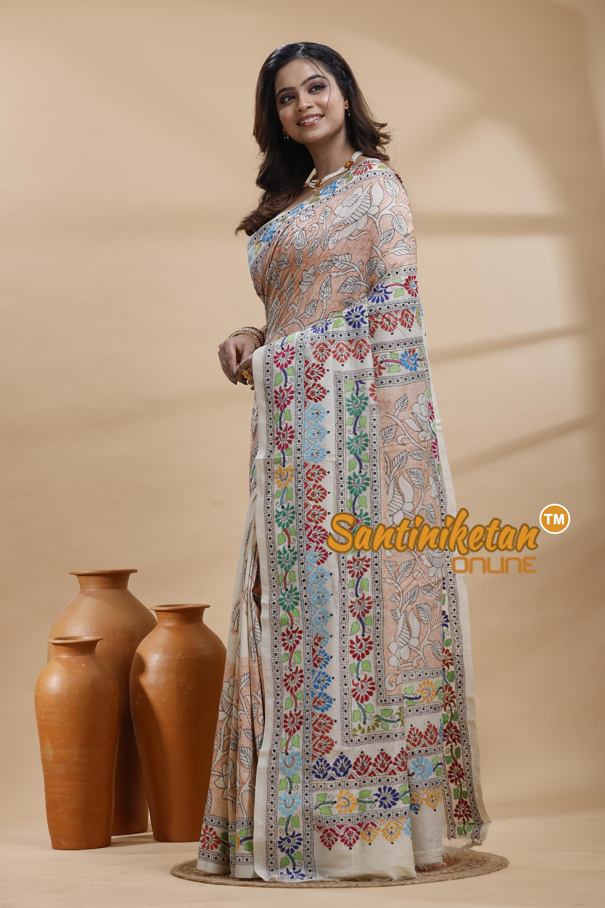 Tussar Silk Kantha Stitch Saree