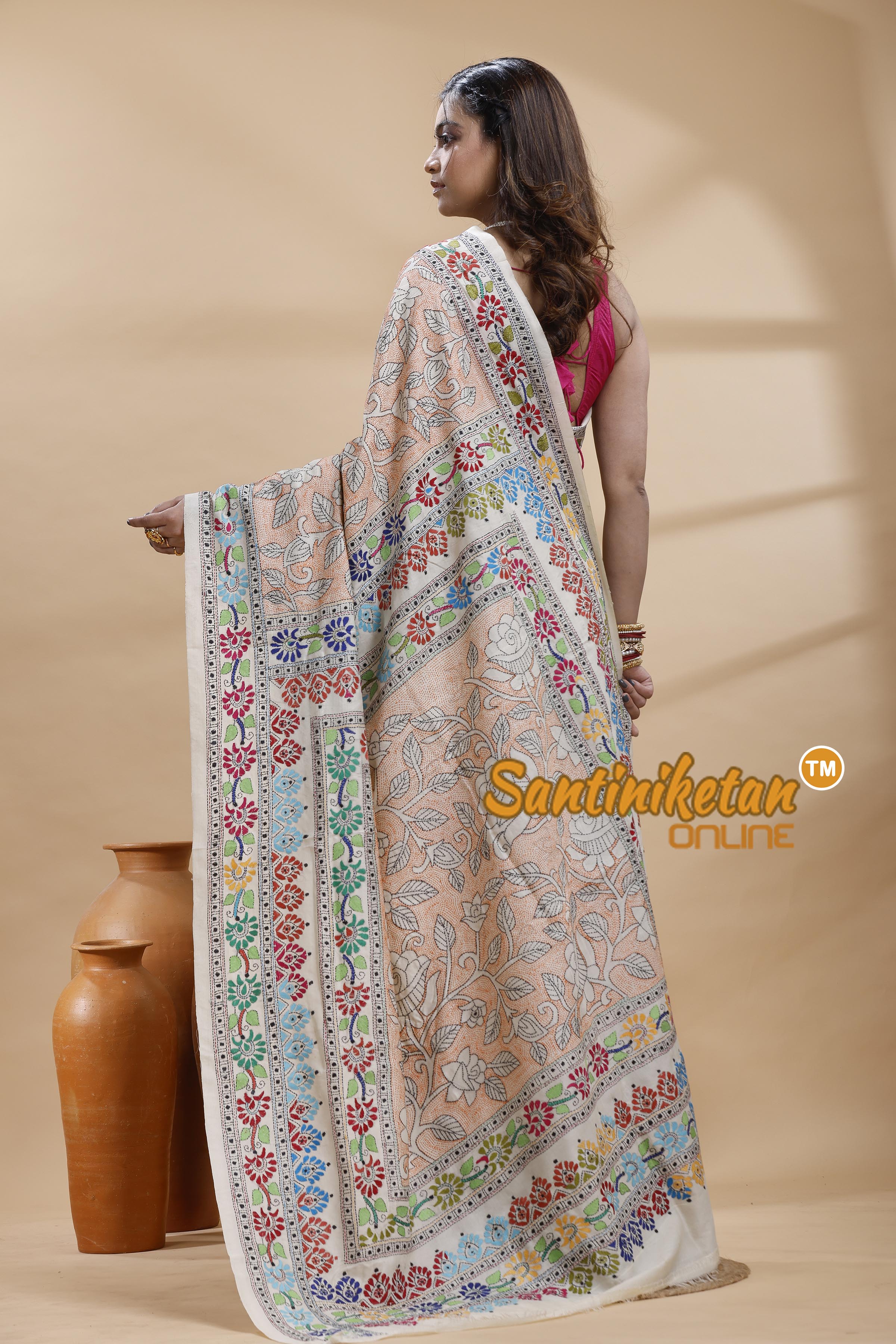 Tussar Silk Kantha Stitch Saree