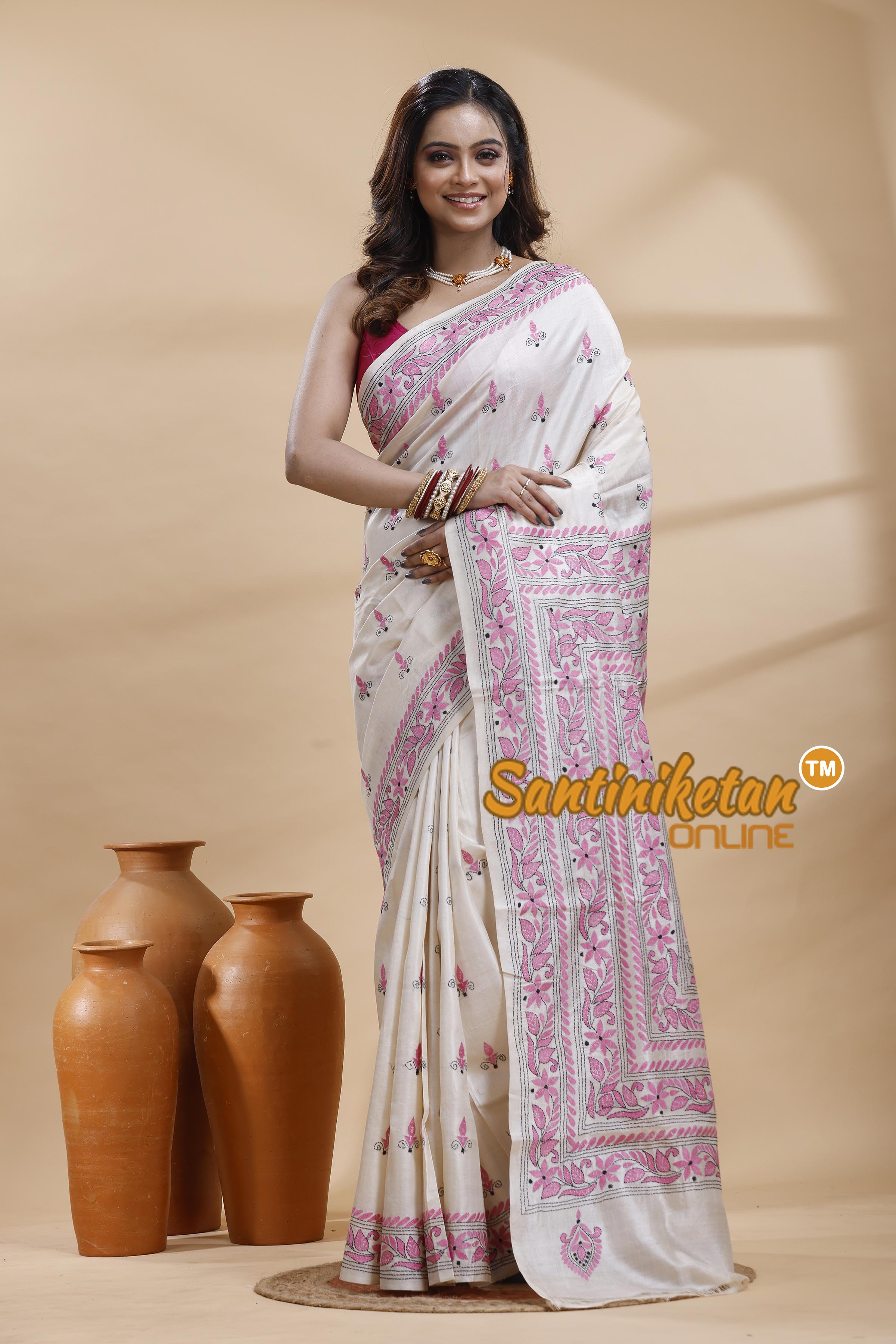 Tussar Silk Kantha Stitch Saree