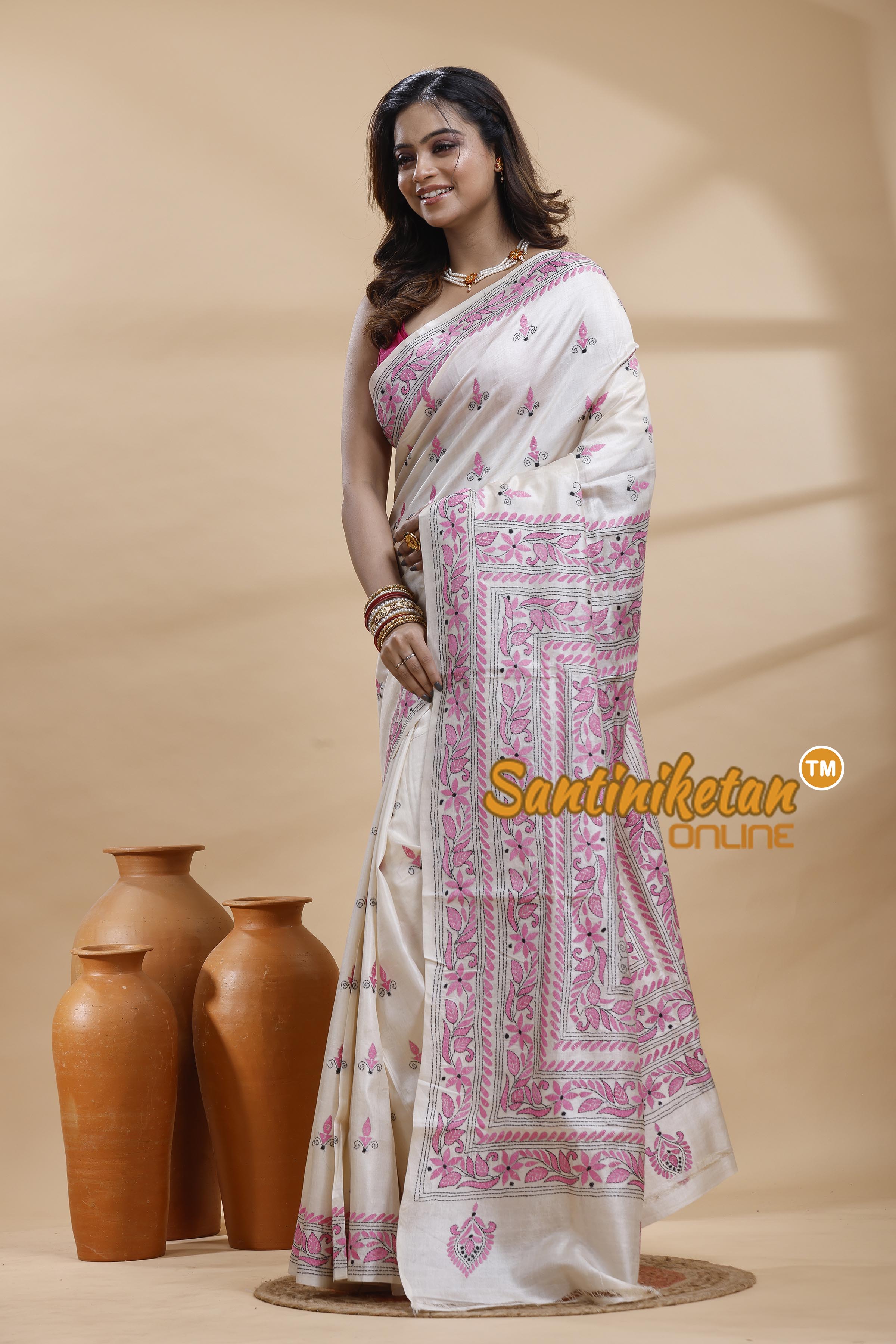 Tussar Silk Kantha Stitch Saree