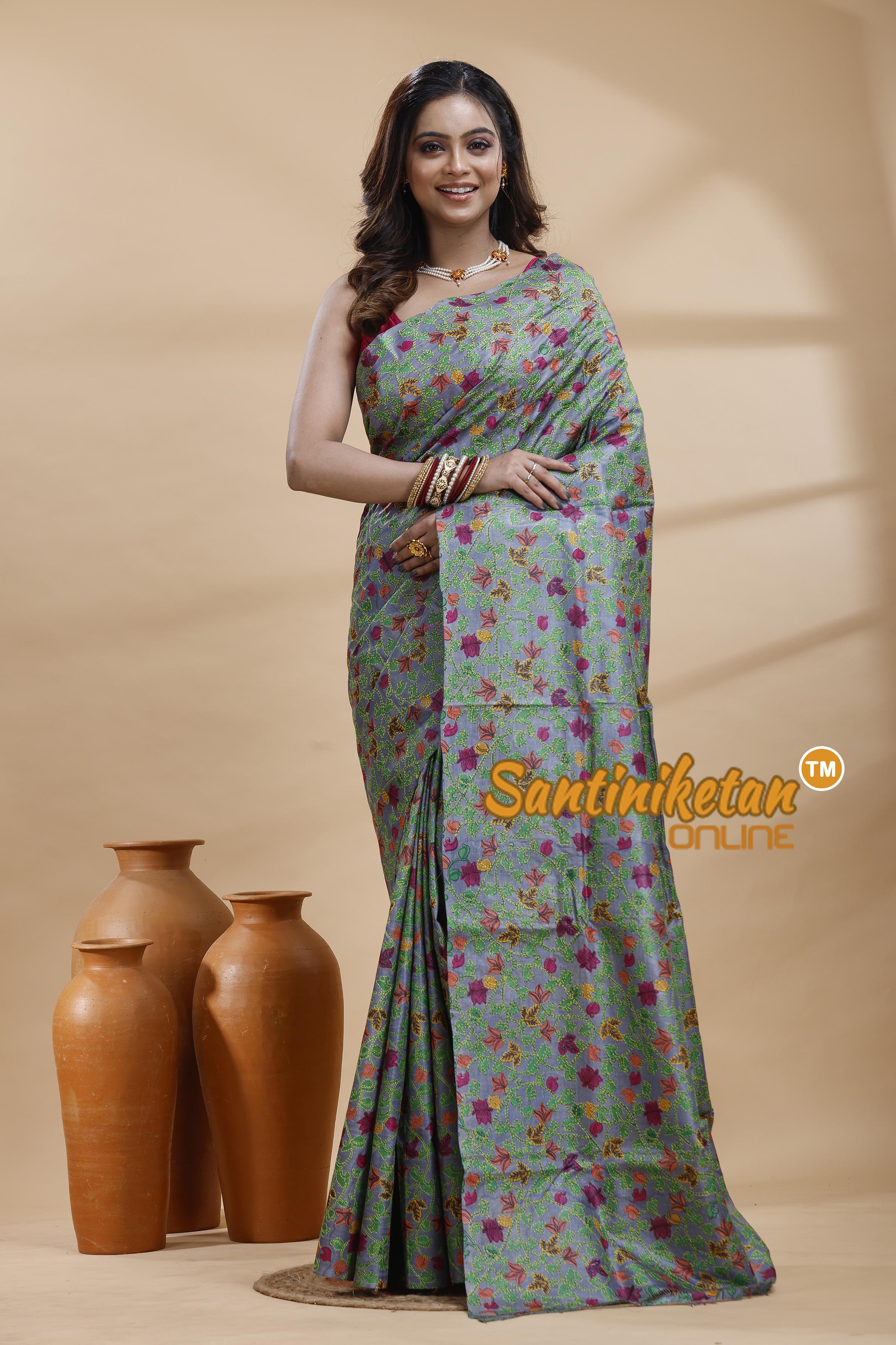 Dye Pure Tussar Silk Kantha Stitch Saree
