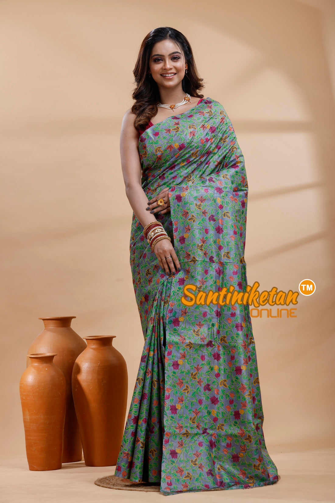 Dye Pure Tussar Silk Kantha Stitch Saree