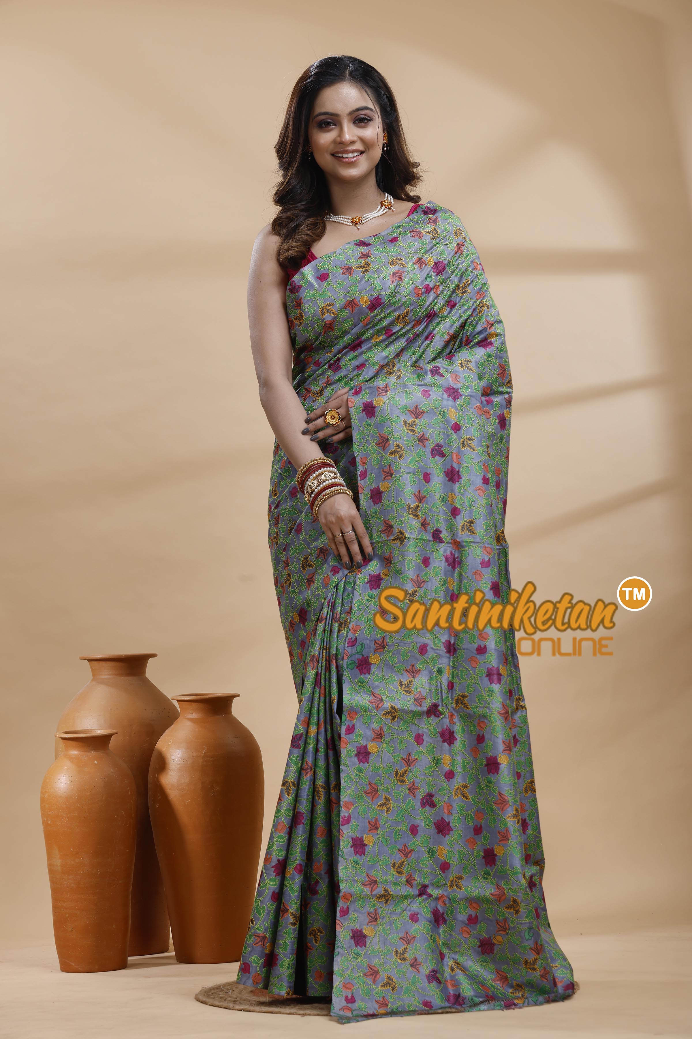 Dye Pure Tussar Silk Kantha Stitch Saree