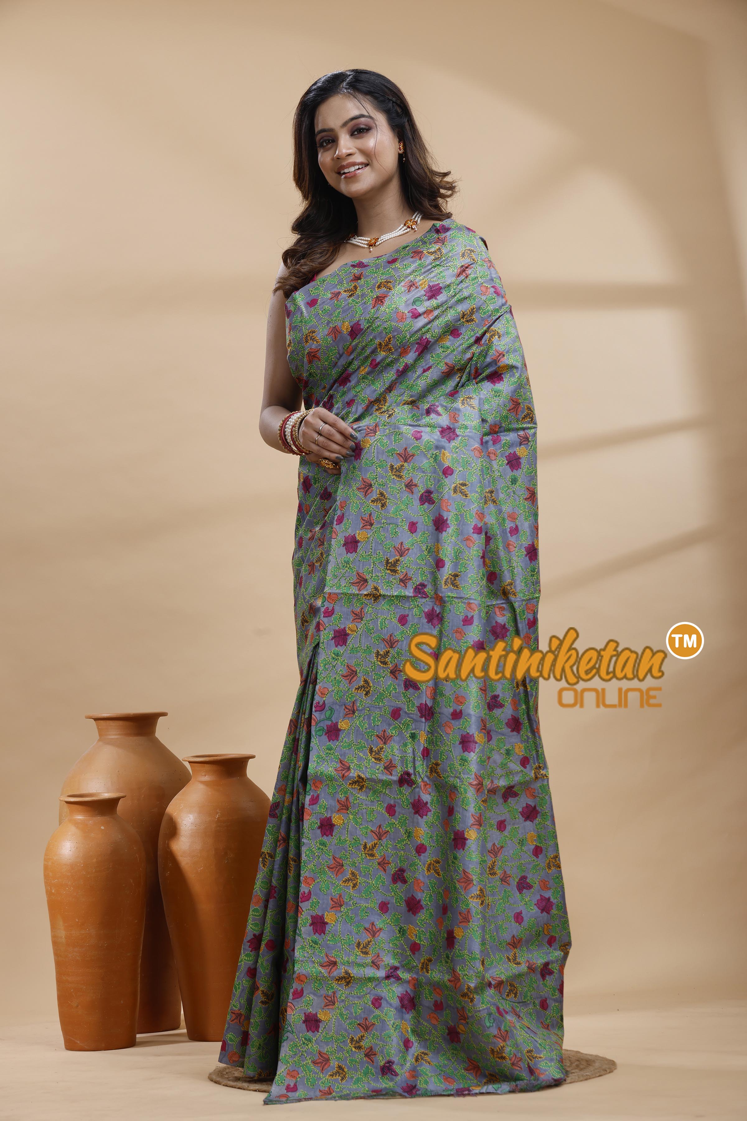 Dye Pure Tussar Silk Kantha Stitch Saree