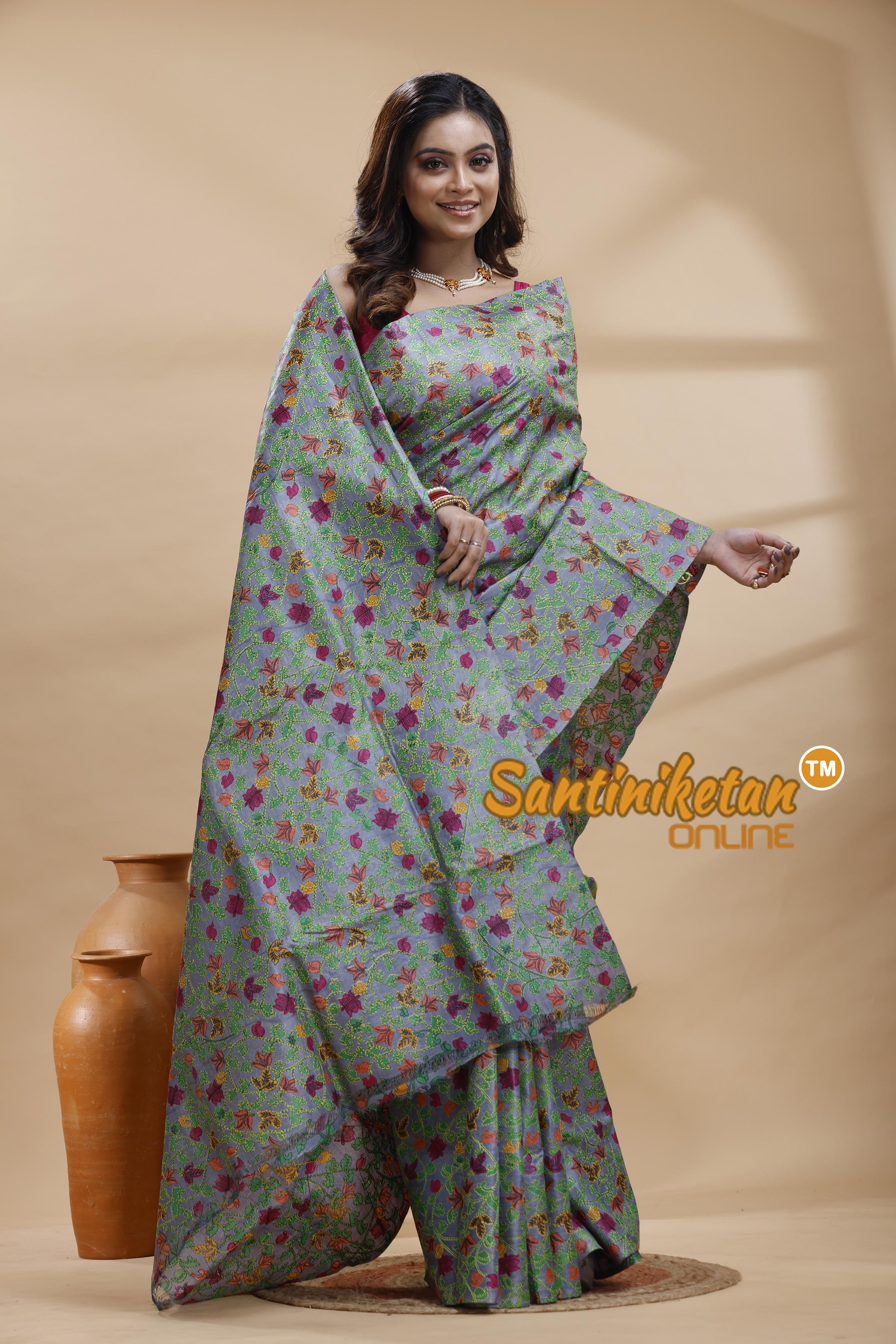 Dye Pure Tussar Silk Kantha Stitch Saree