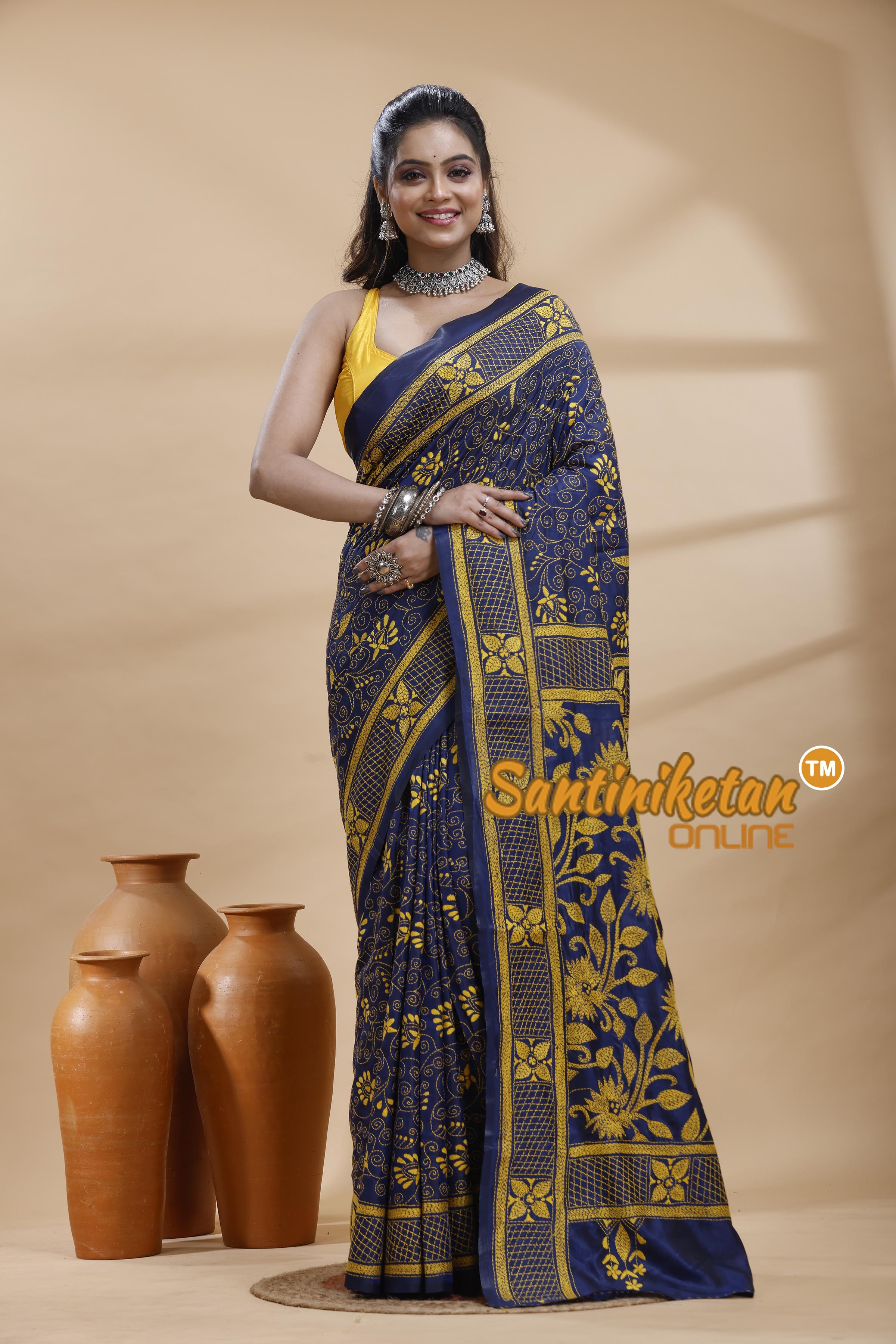 Bangalore Silk Kantha Stitch Saree