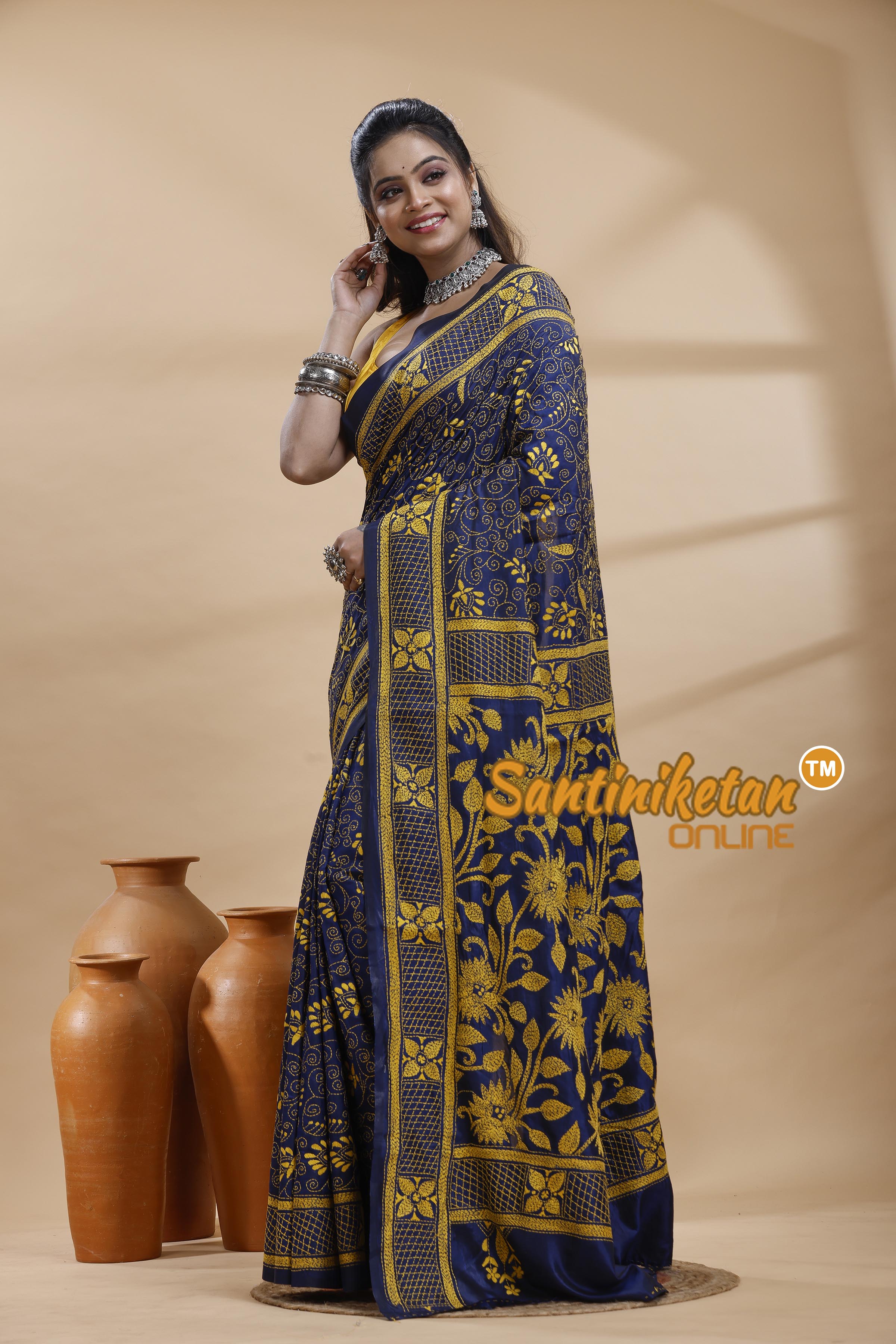 Bangalore Silk Kantha Stitch Saree
