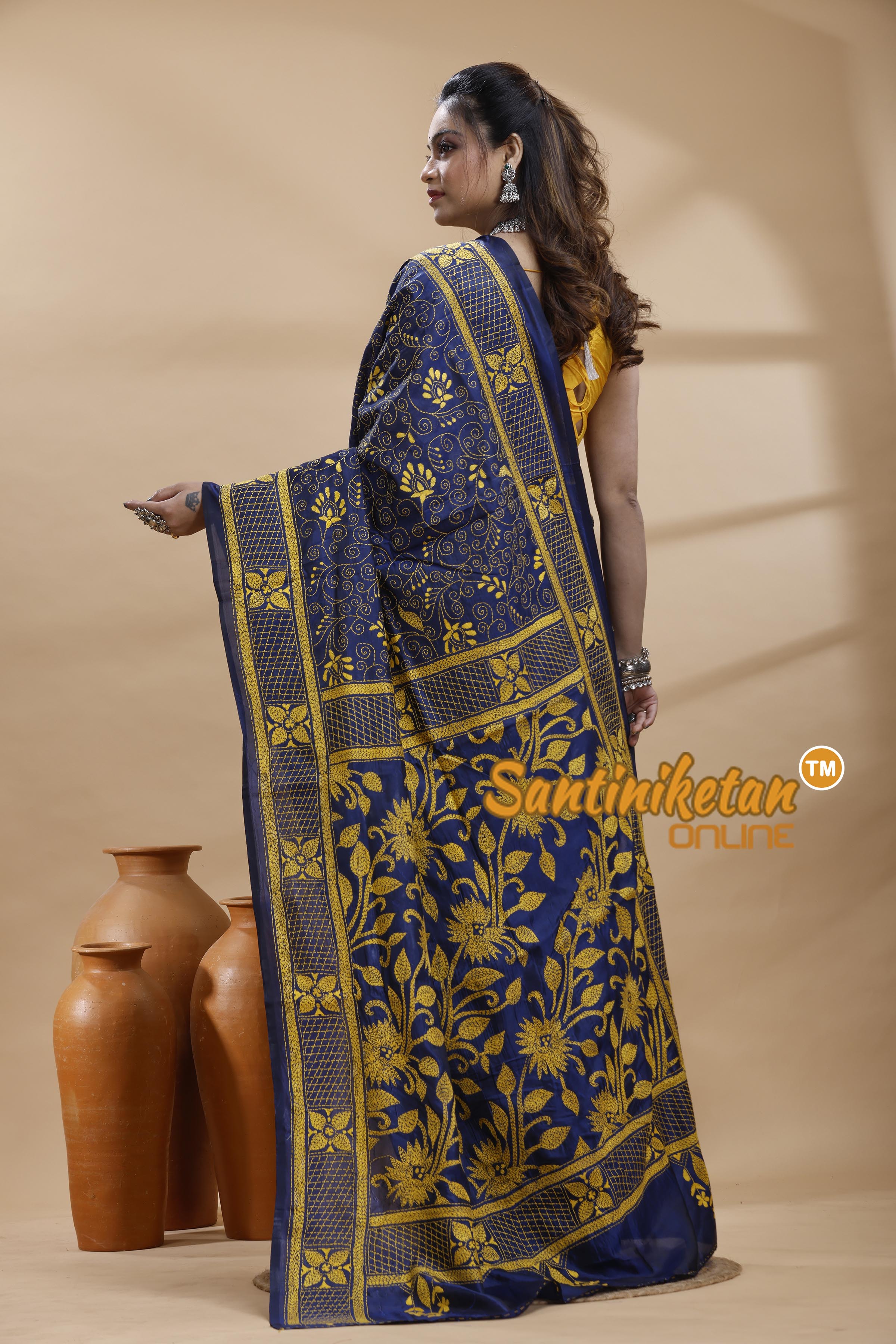 Bangalore Silk Kantha Stitch Saree