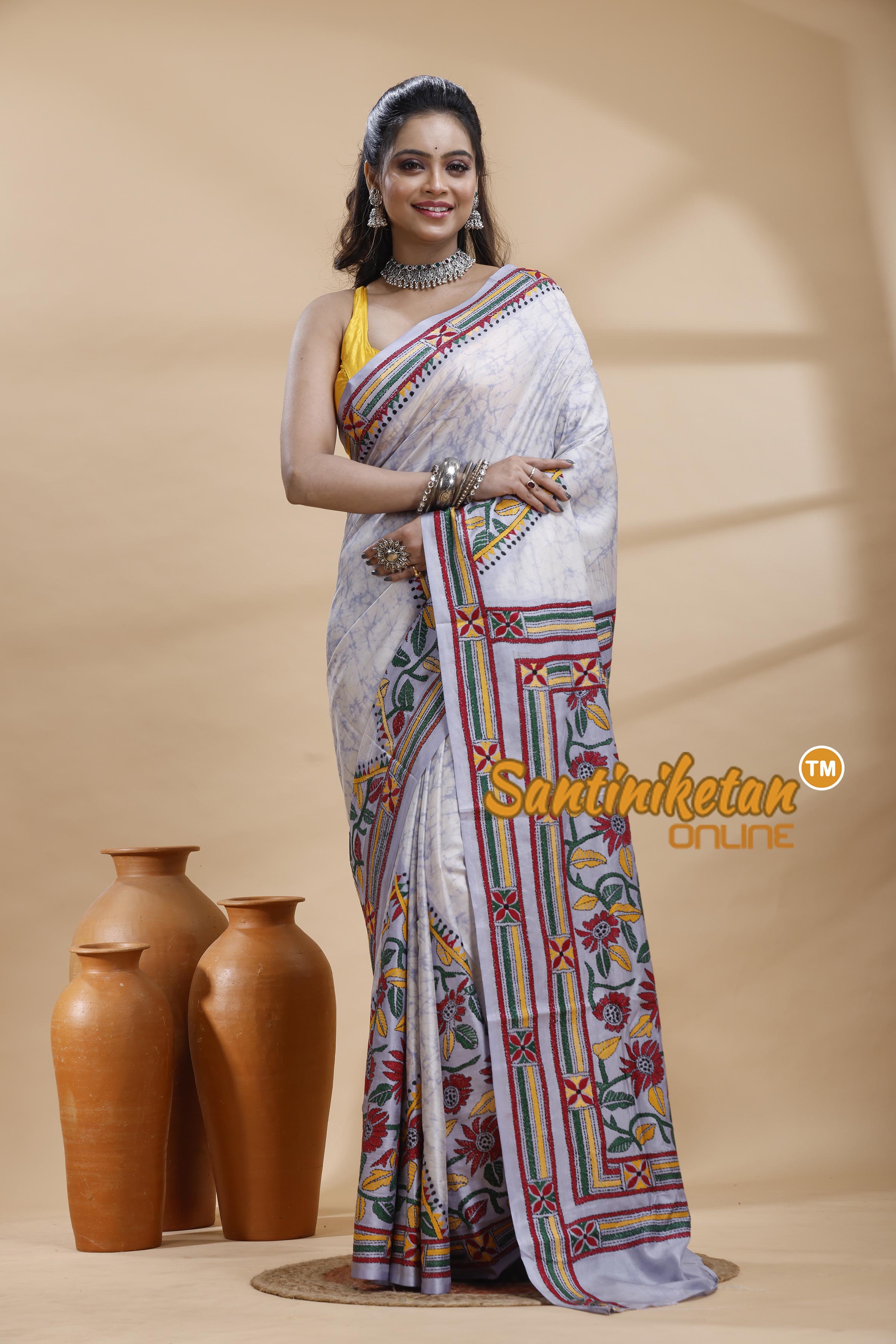 Bangalore Silk Batik Kantha Stitch Saree