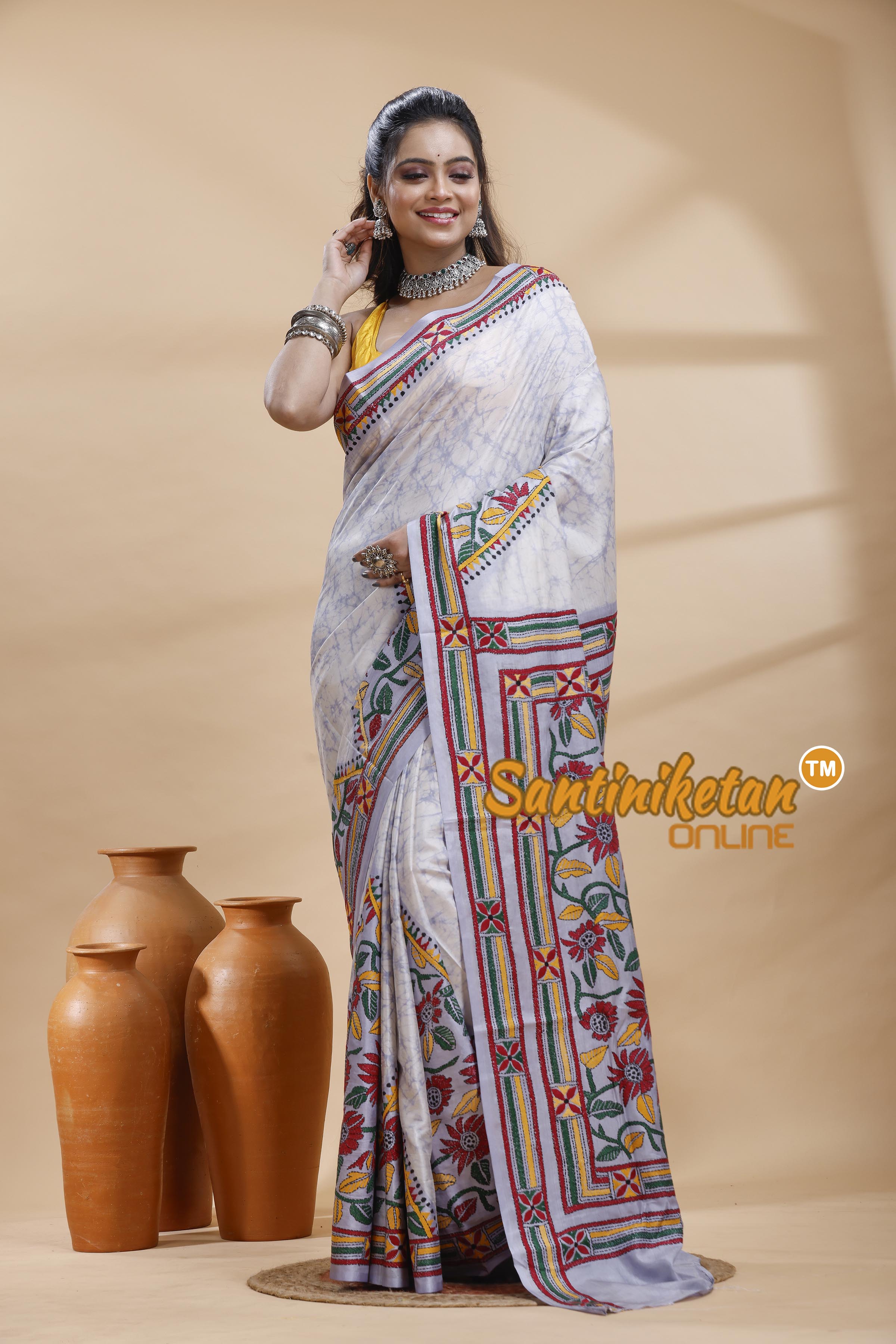 Bangalore Silk Batik Kantha Stitch Saree