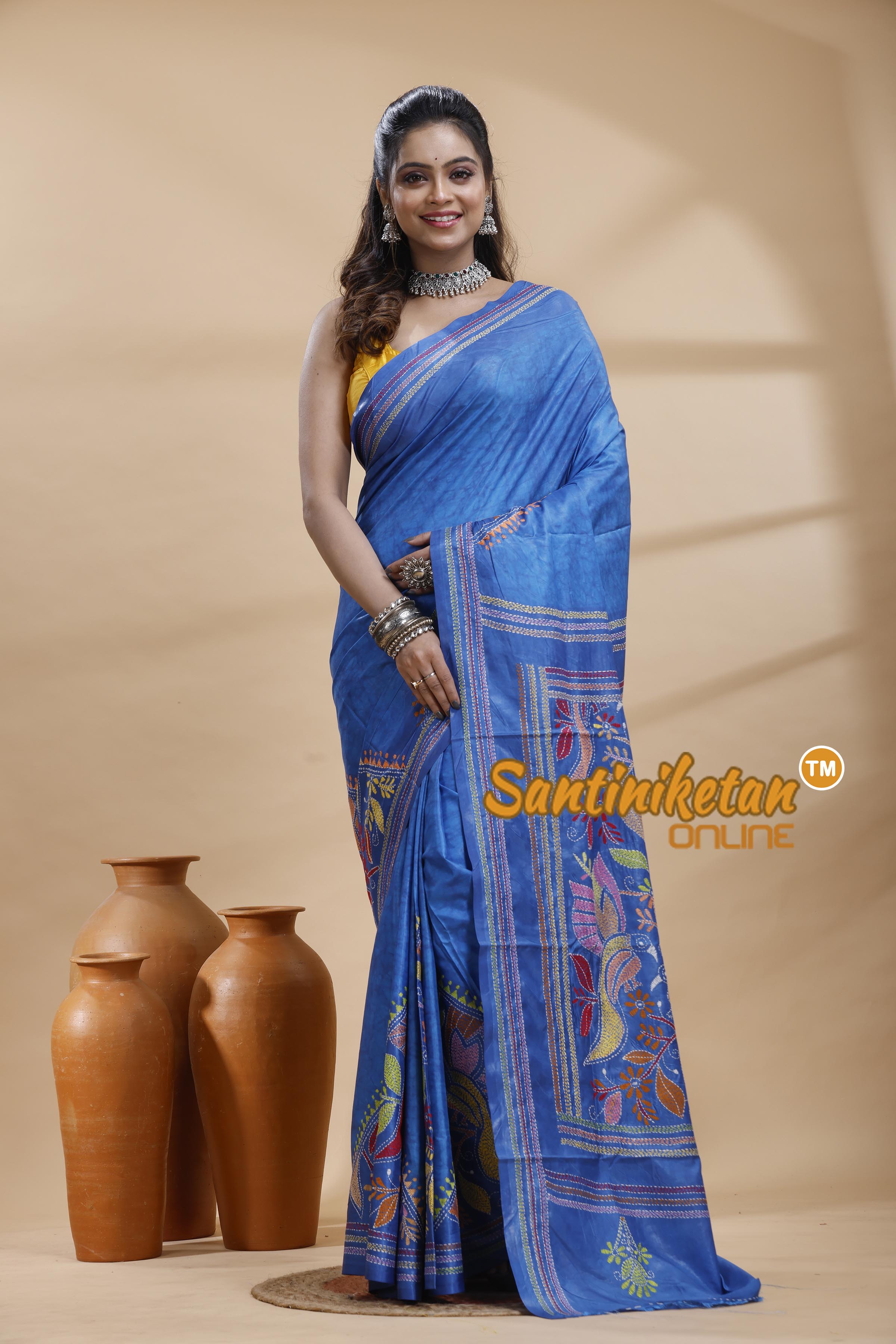 Bangalore Silk Batik Kantha Stitch Saree