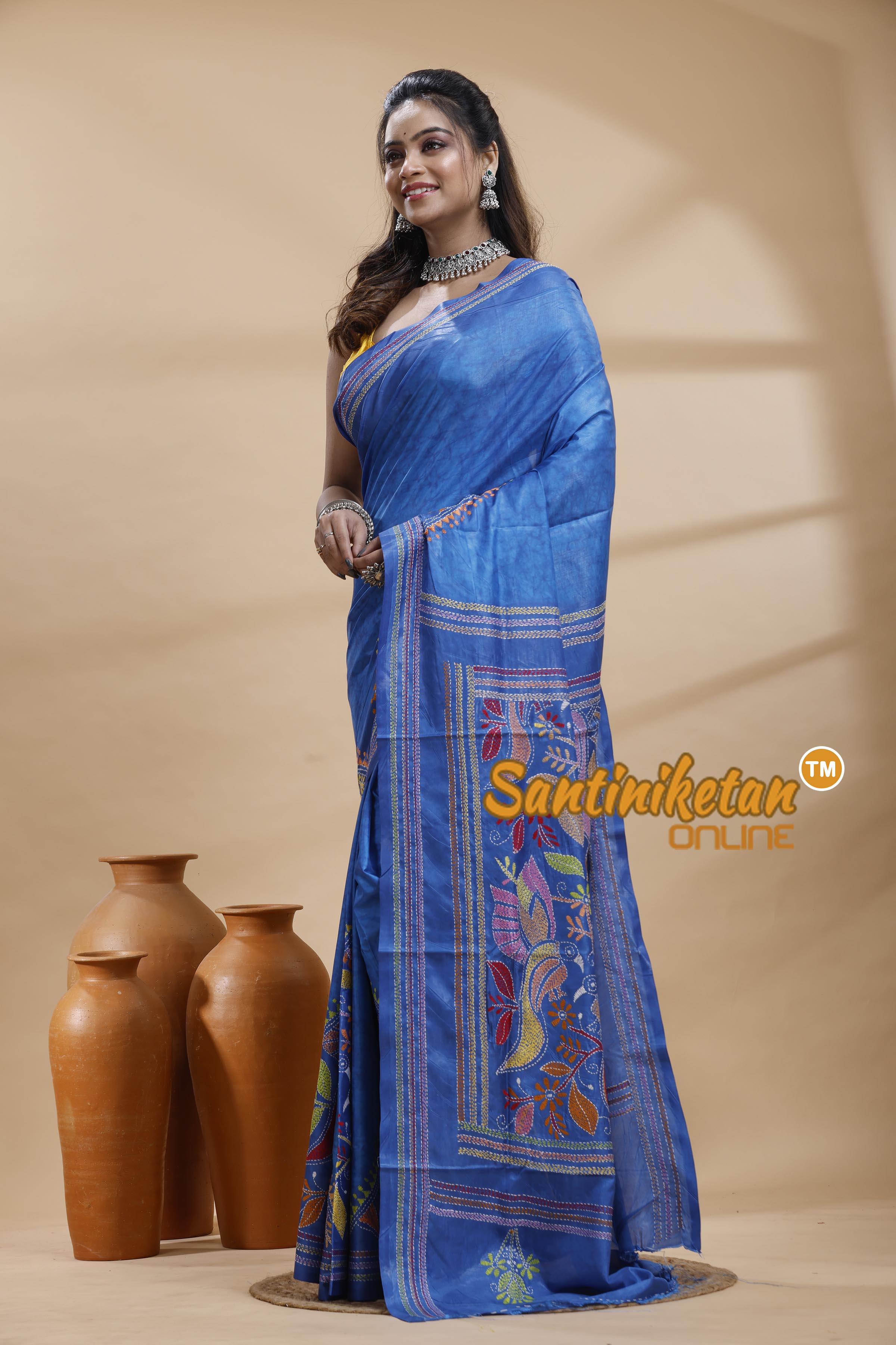 Bangalore Silk Batik Kantha Stitch Saree
