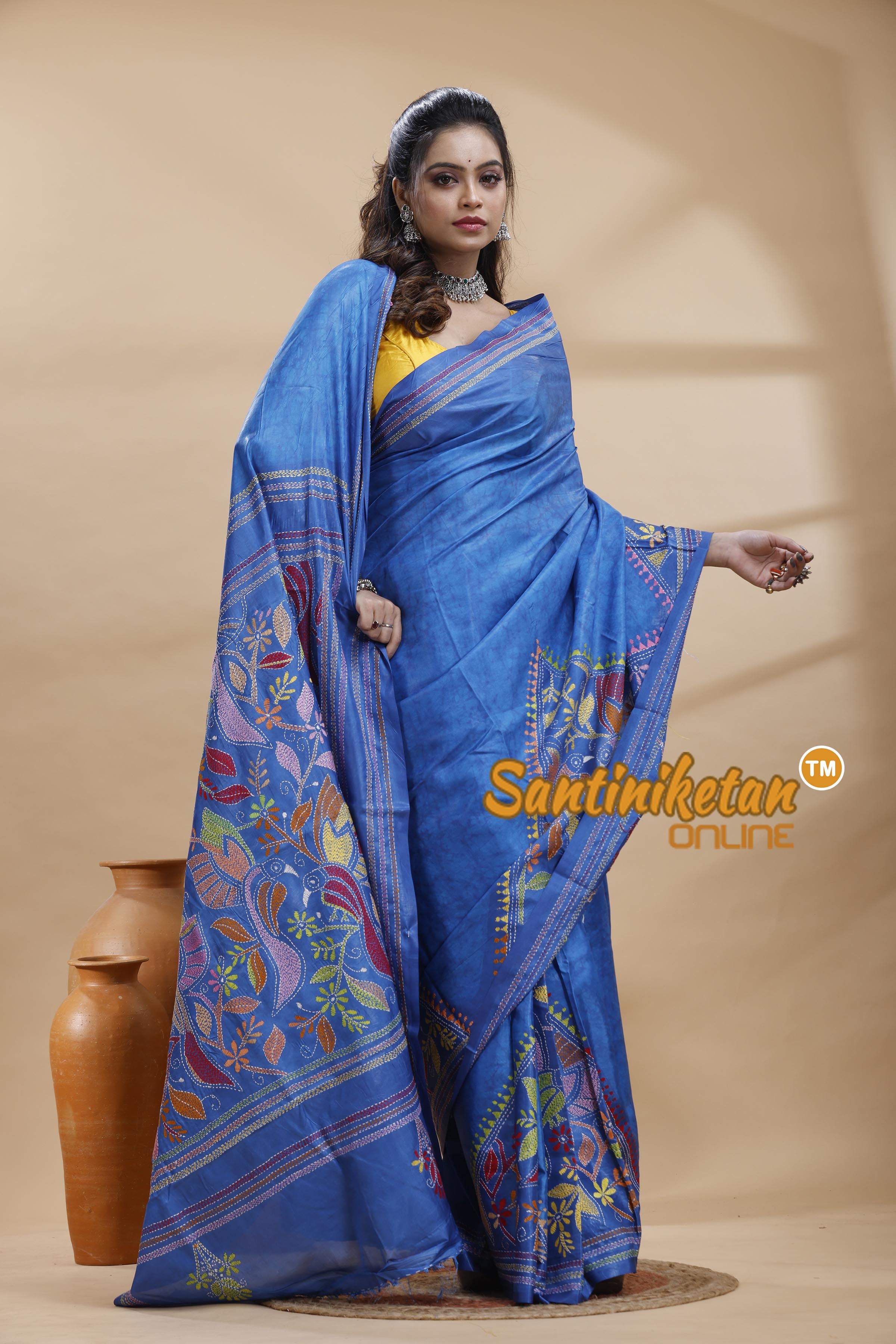 Bangalore Silk Batik Kantha Stitch Saree