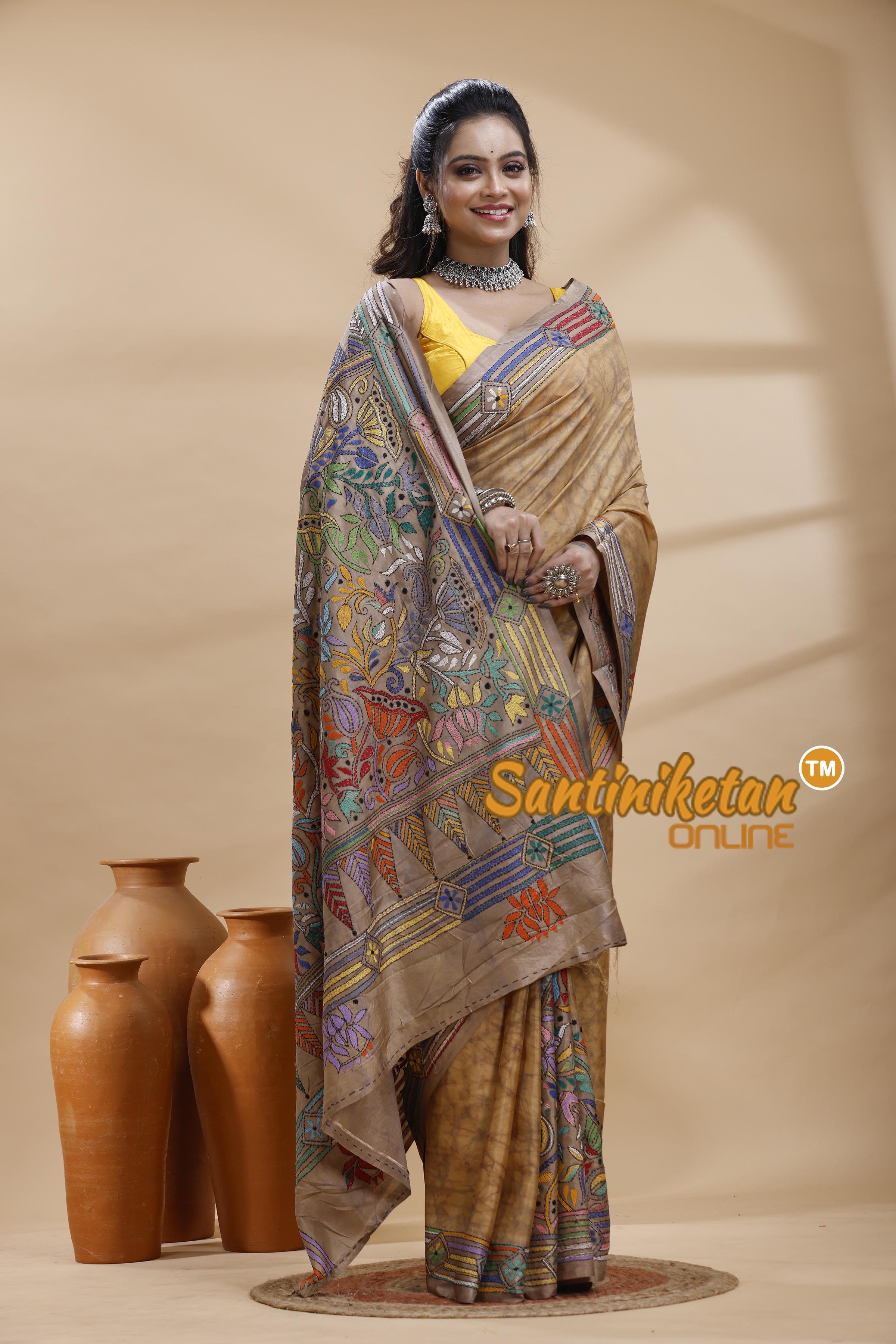 Bangalore Silk Batik Kantha Stitch Saree