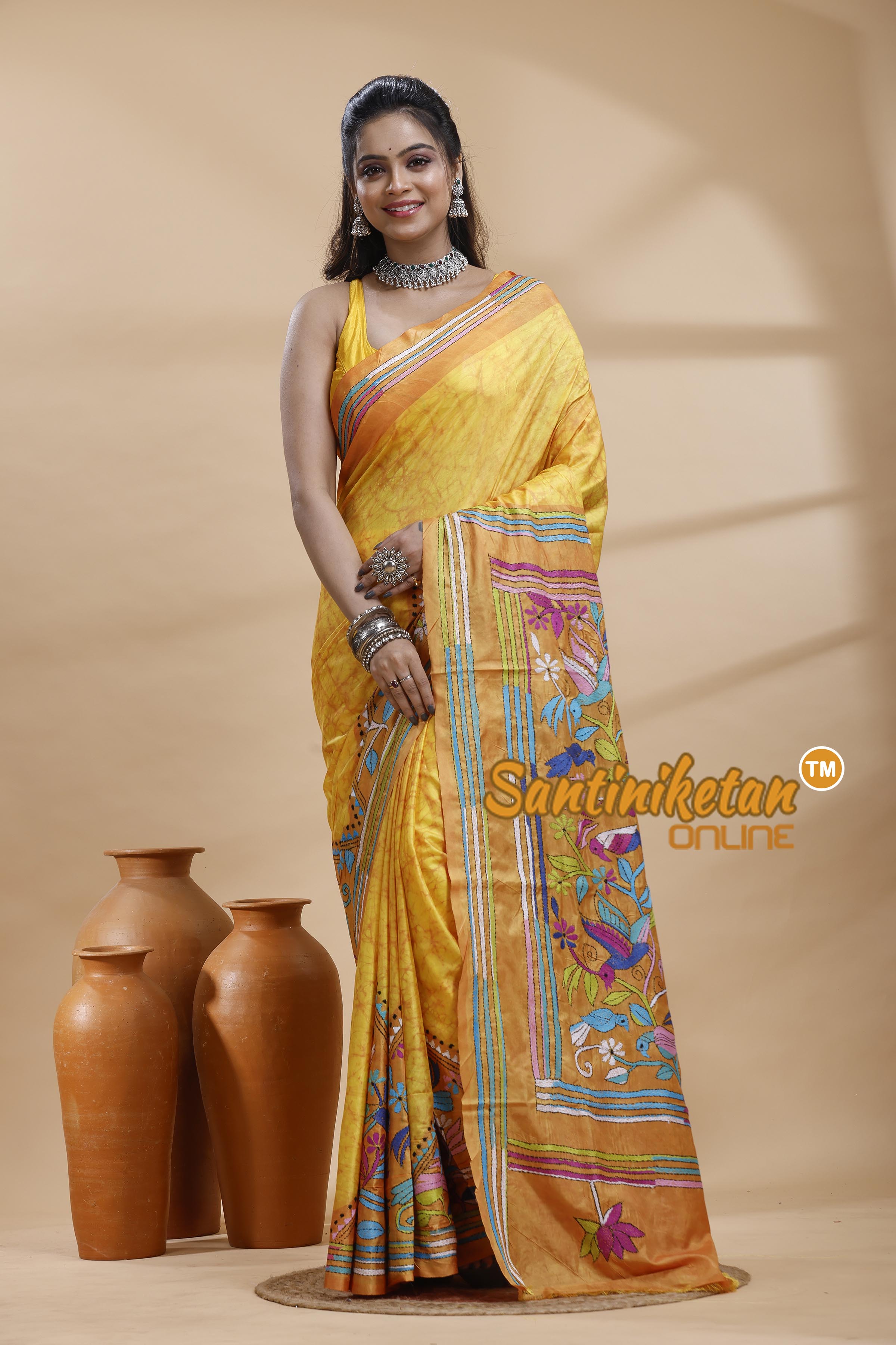Bangalore Silk Batik Kantha Stitch Saree