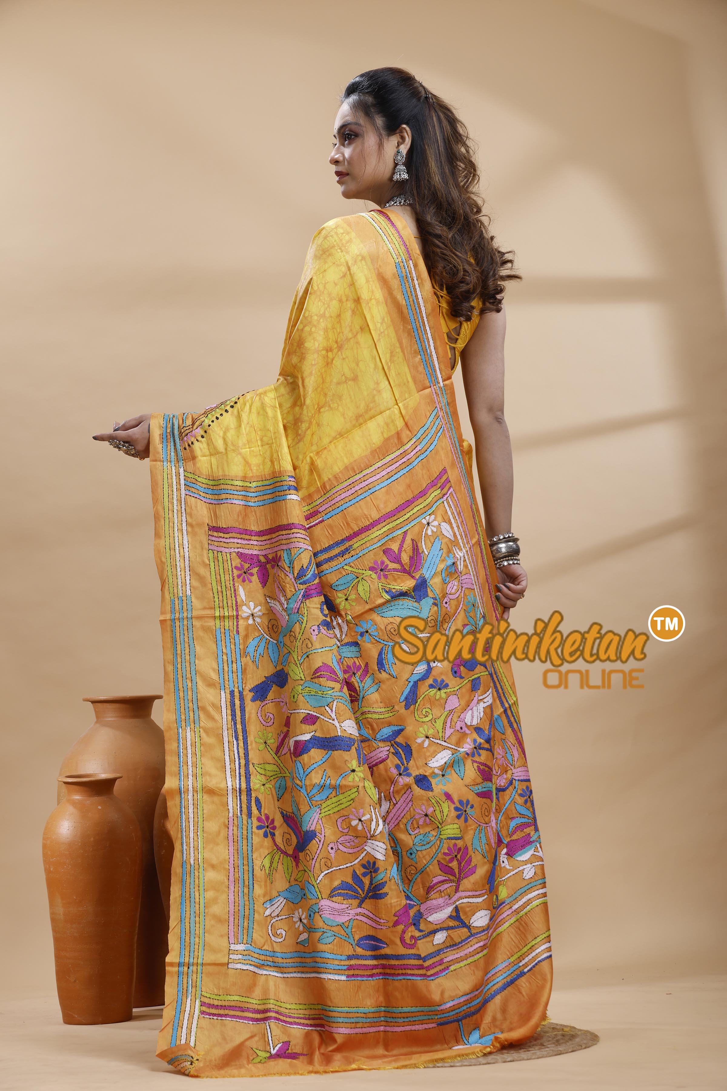 Bangalore Silk Batik Kantha Stitch Saree
