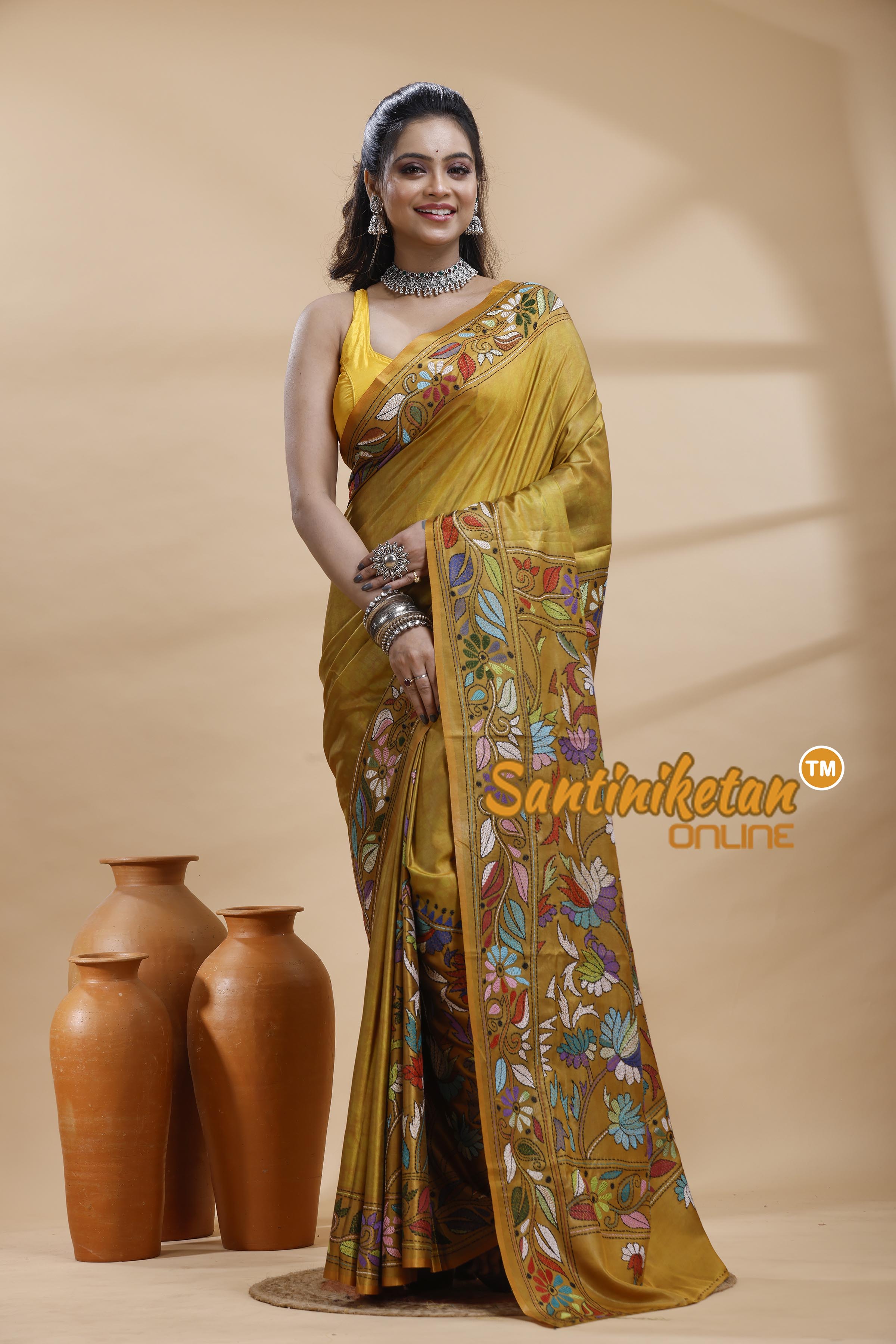 Bangalore Silk Batik Kantha Stitch Saree