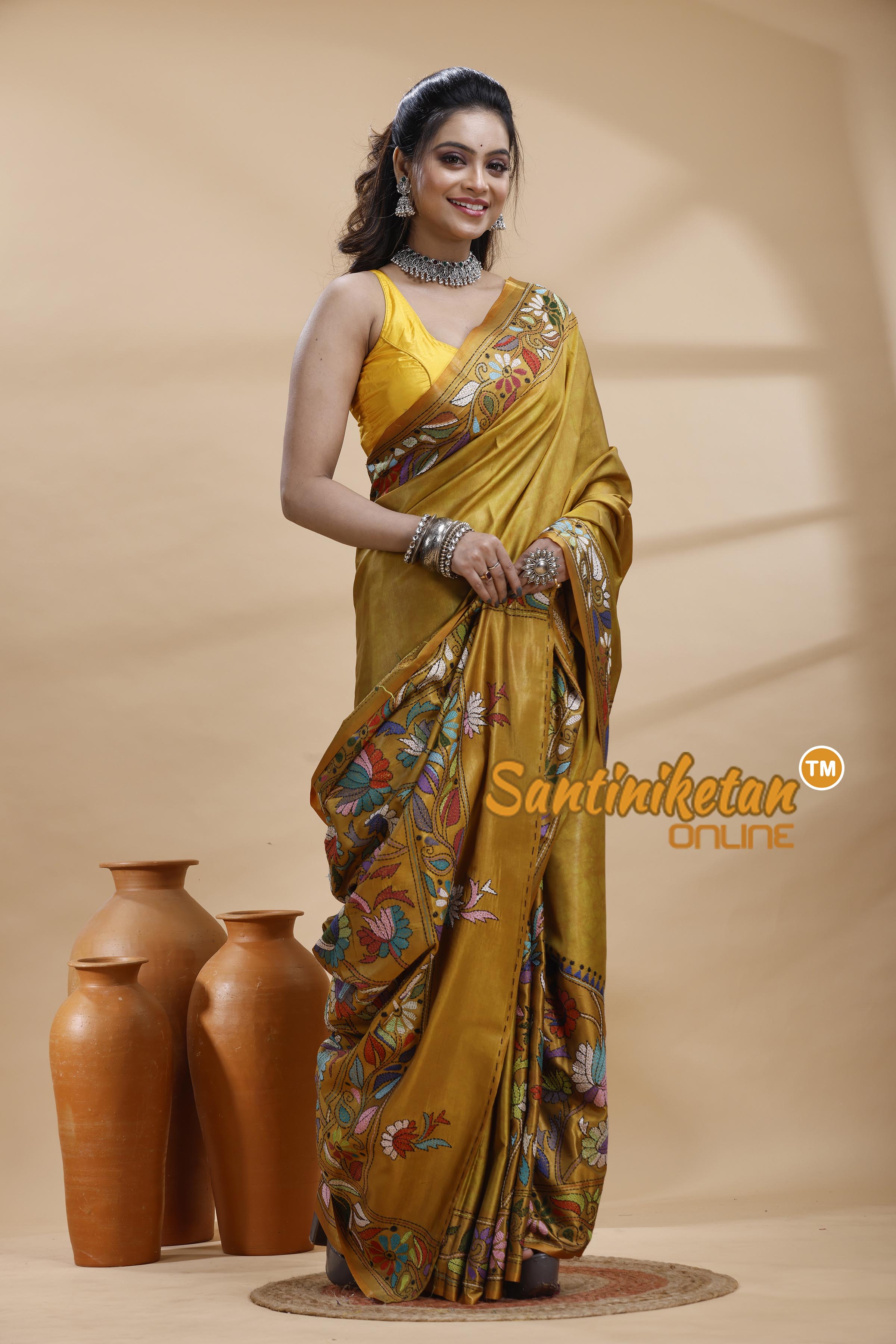 Bangalore Silk Batik Kantha Stitch Saree