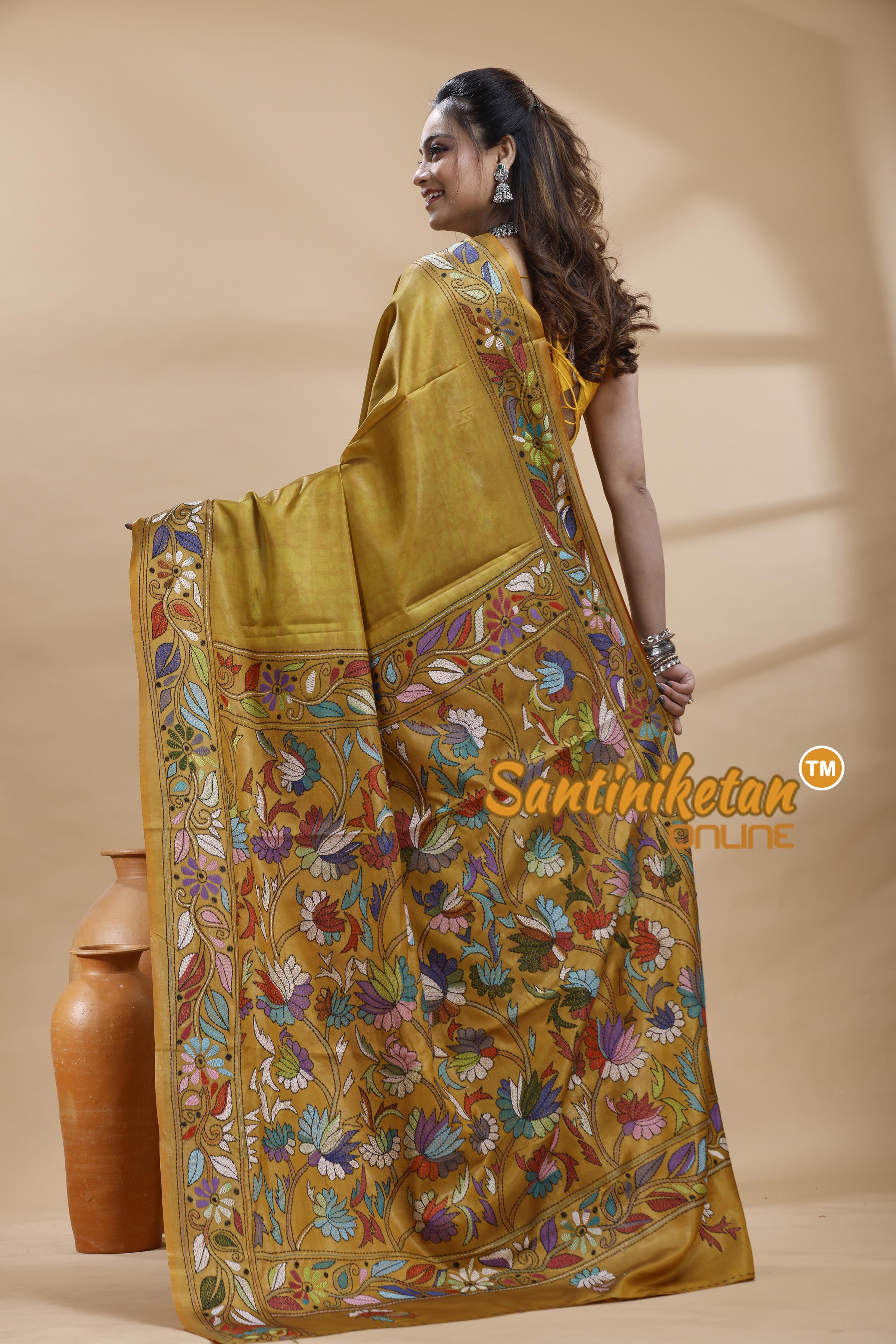 Bangalore Silk Batik Kantha Stitch Saree