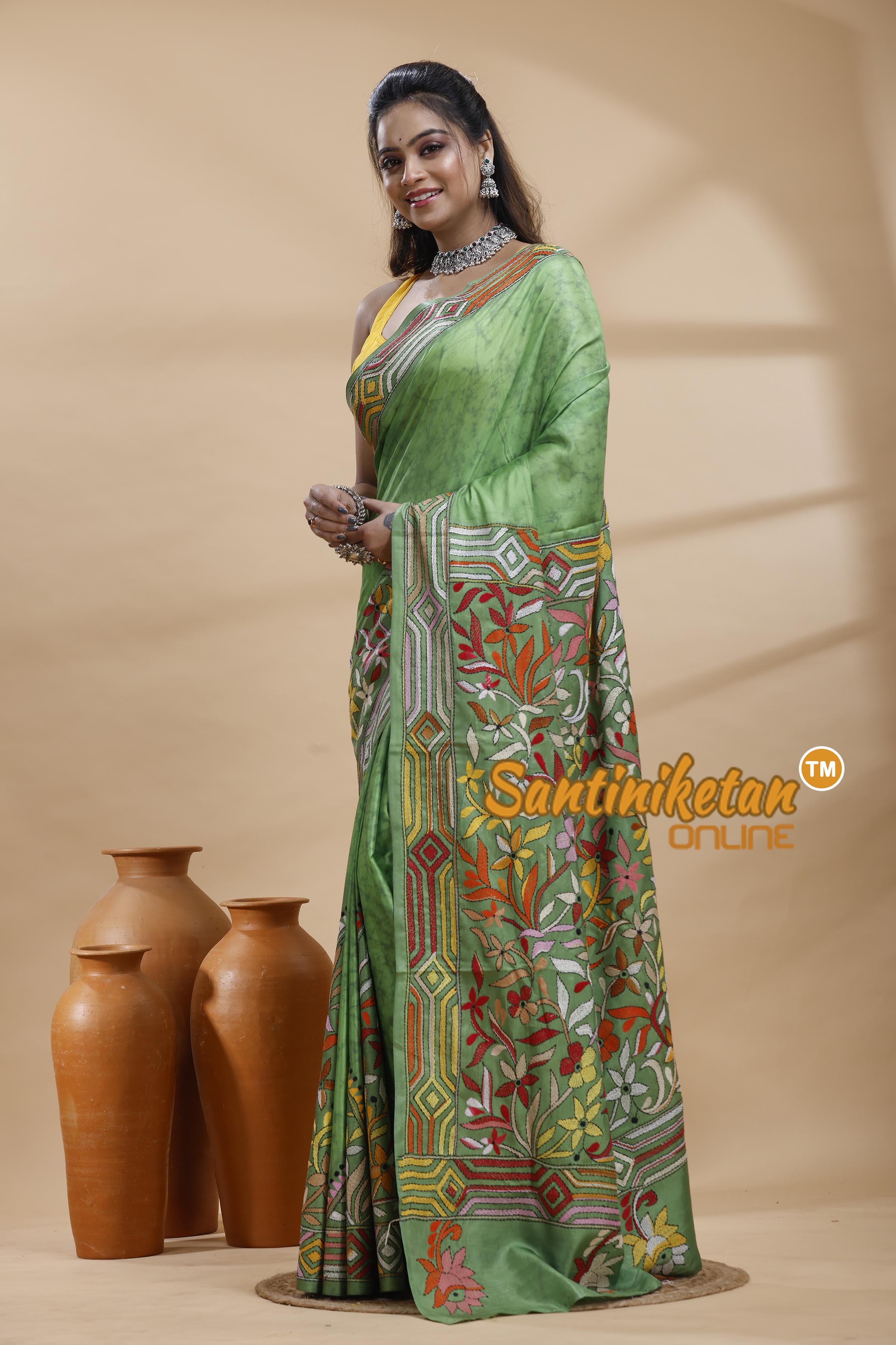 Bangalore Silk Batik Kantha Stitch Saree
