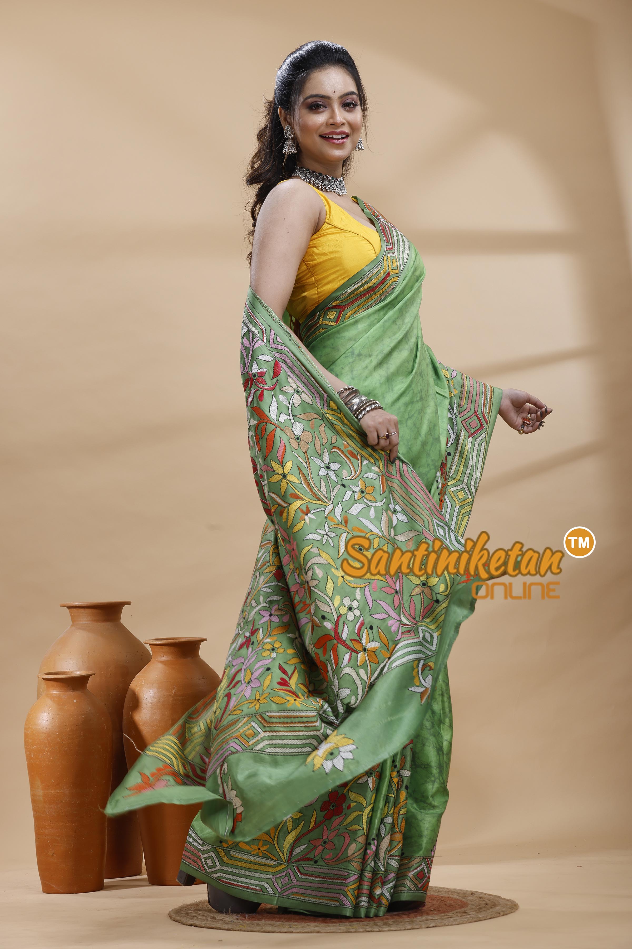 Bangalore Silk Batik Kantha Stitch Saree