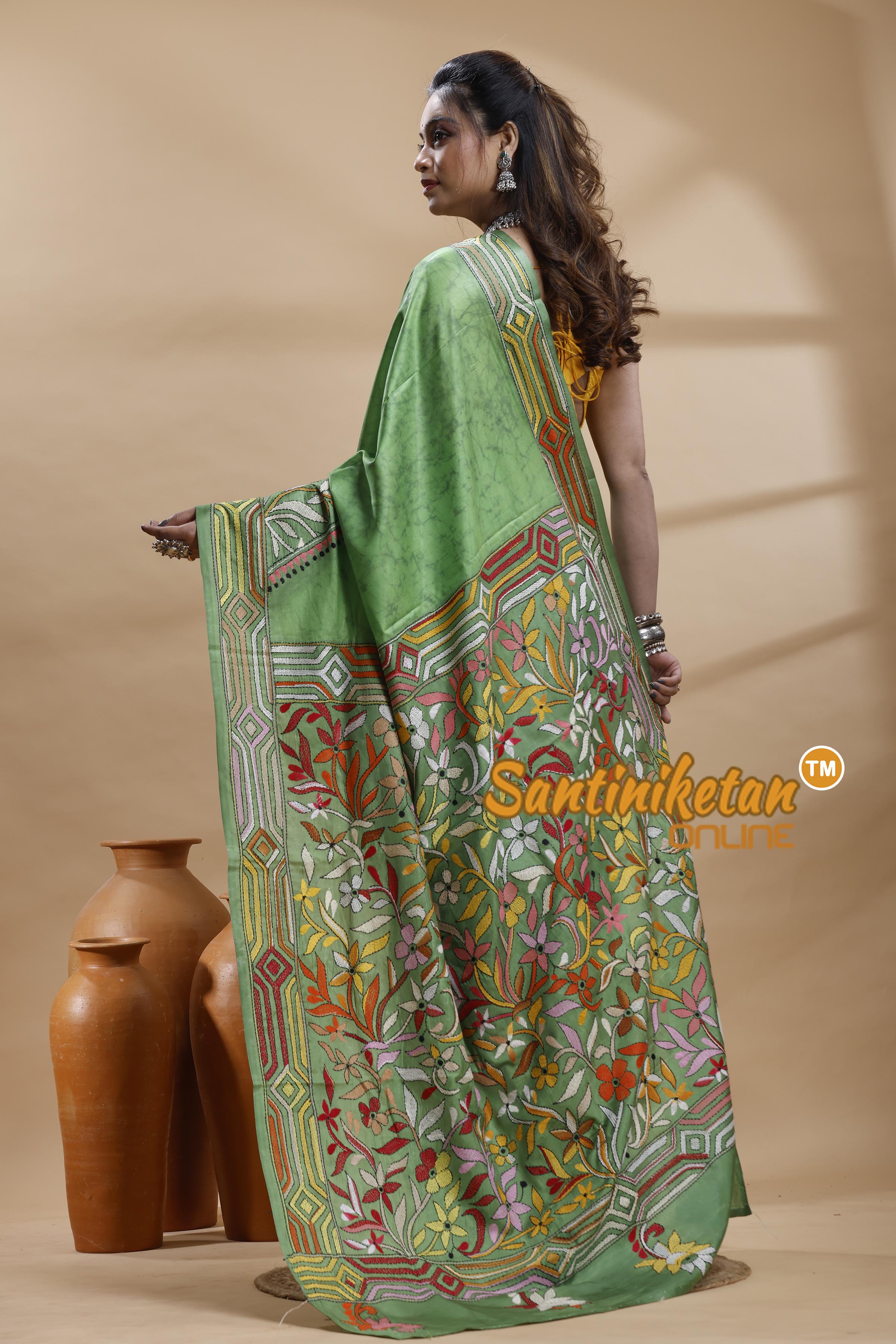 Bangalore Silk Batik Kantha Stitch Saree