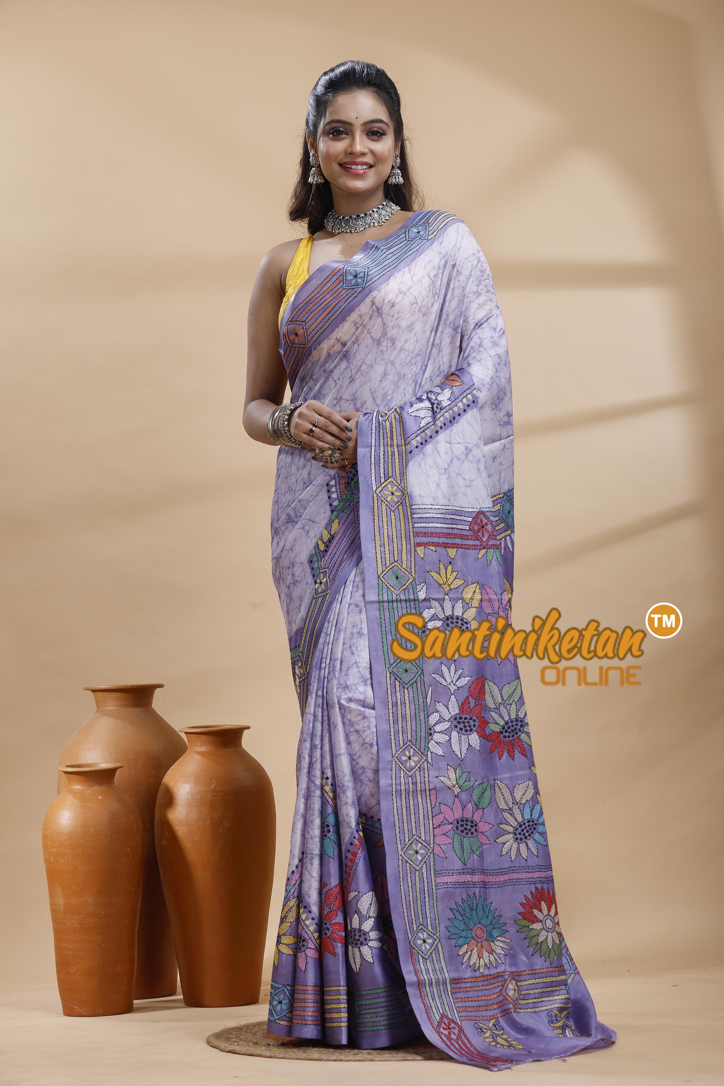 Bangalore Silk Batik Kantha Stitch Saree