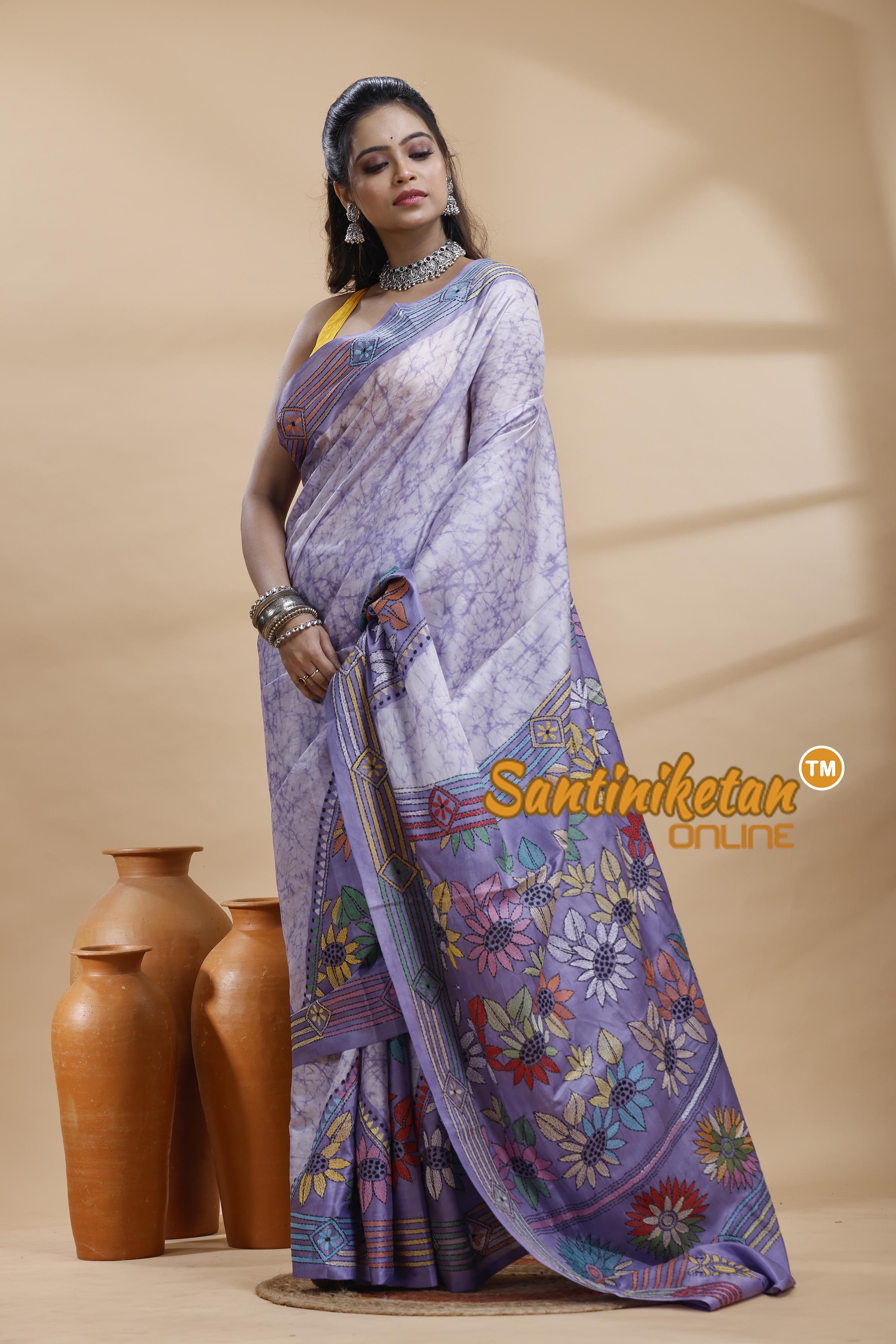 Bangalore Silk Batik Kantha Stitch Saree