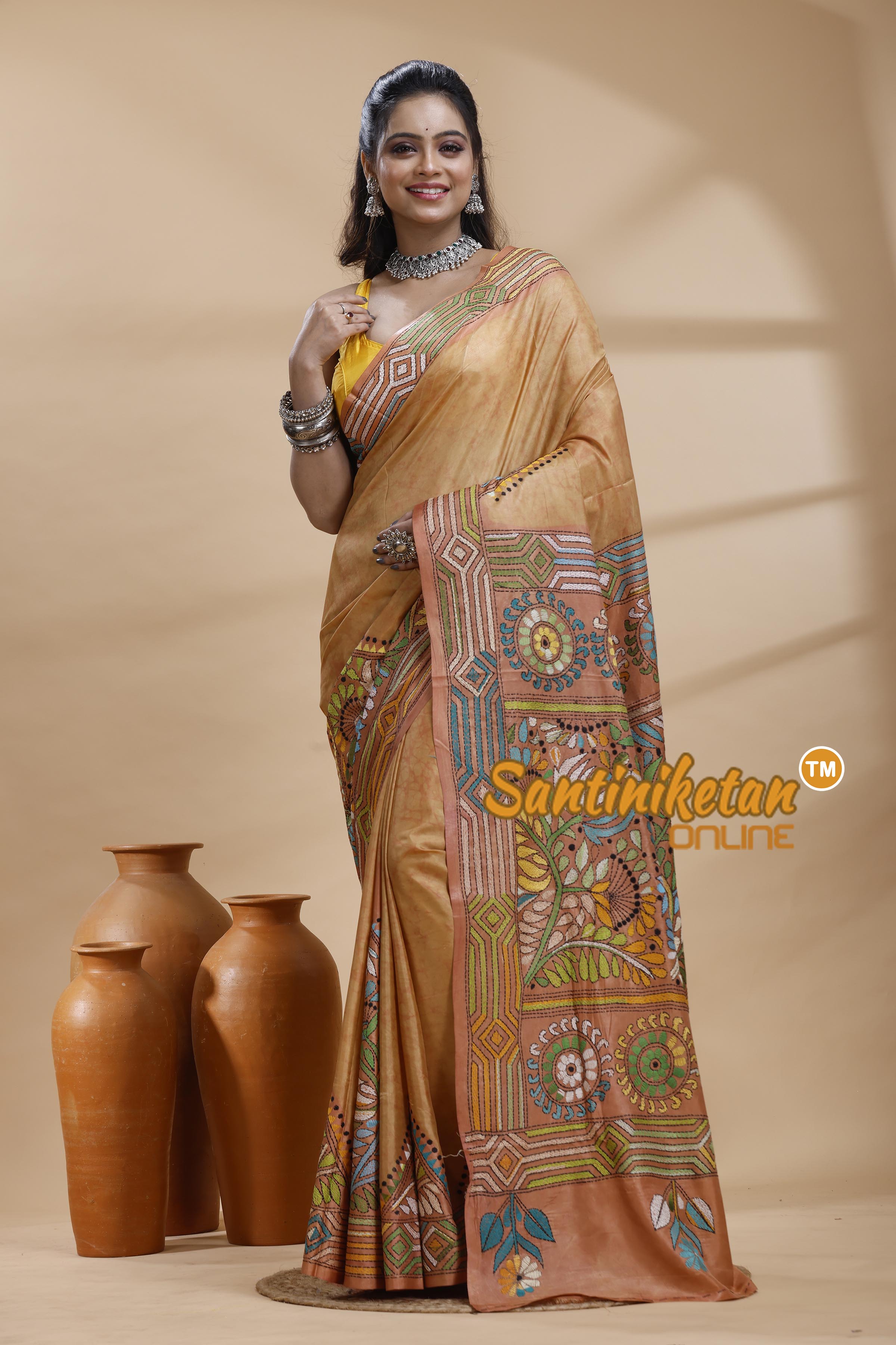 Bangalore Silk Batik Kantha Stitch Saree