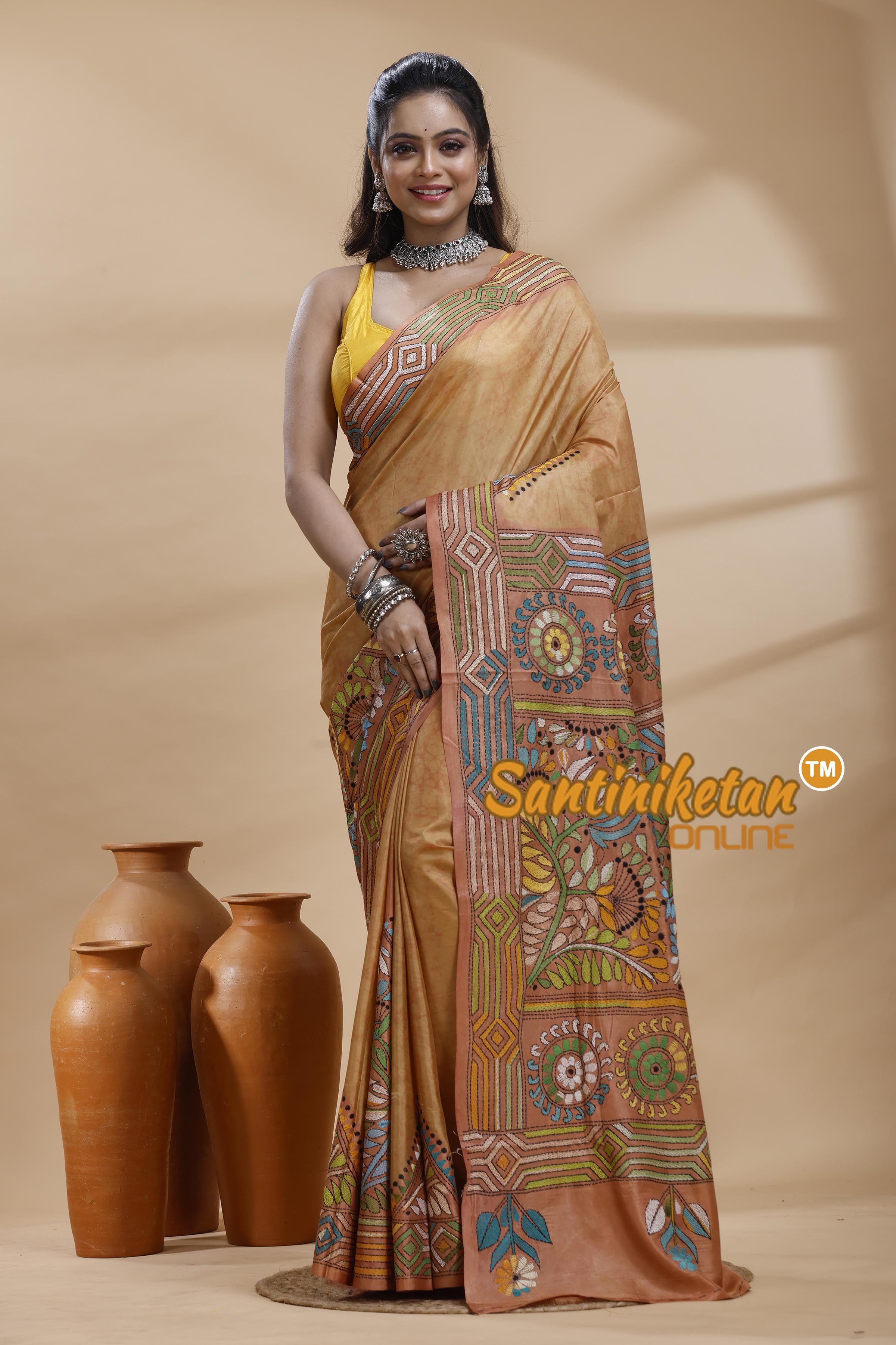 Bangalore Silk Batik Kantha Stitch Saree
