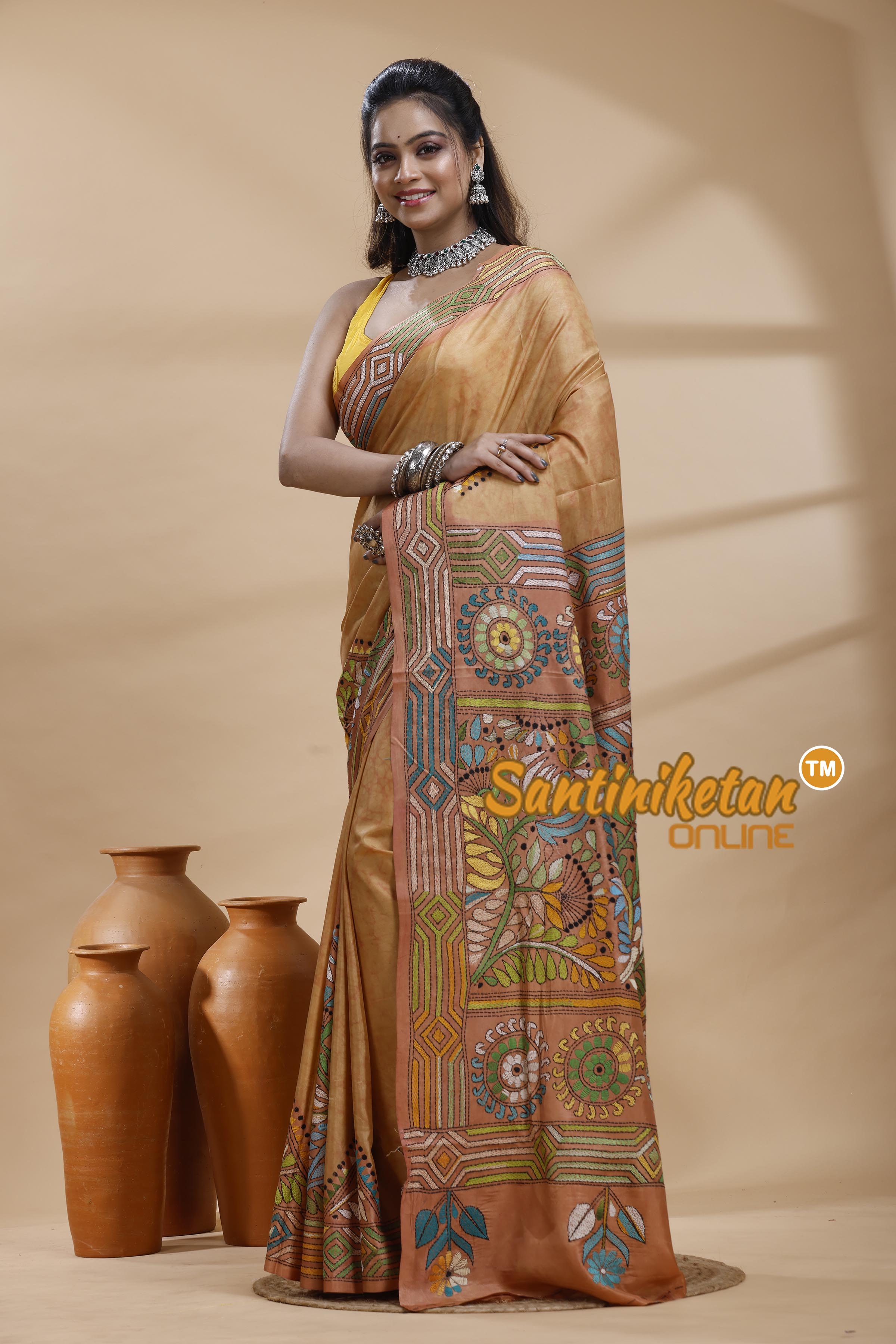 Bangalore Silk Batik Kantha Stitch Saree