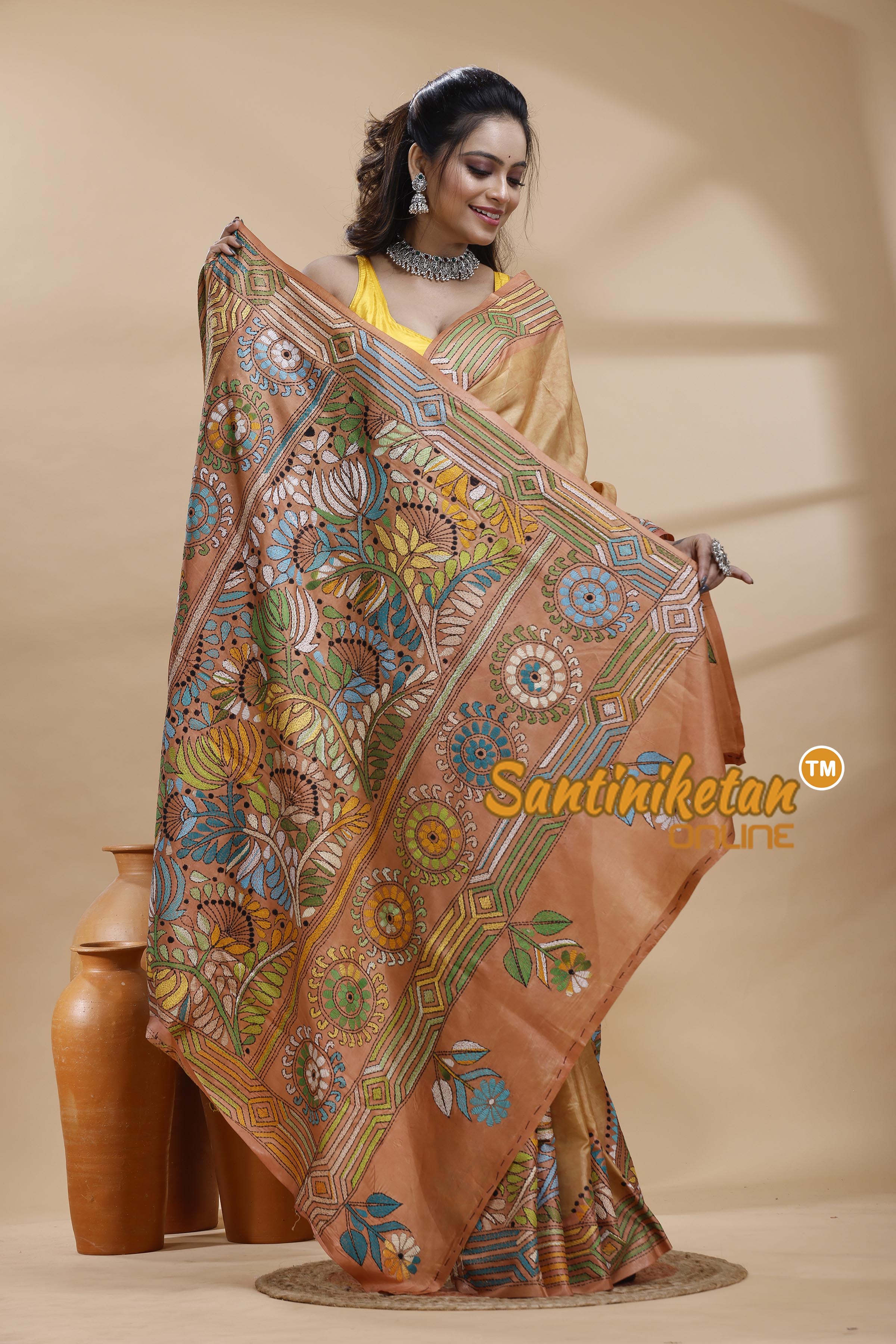 Bangalore Silk Batik Kantha Stitch Saree