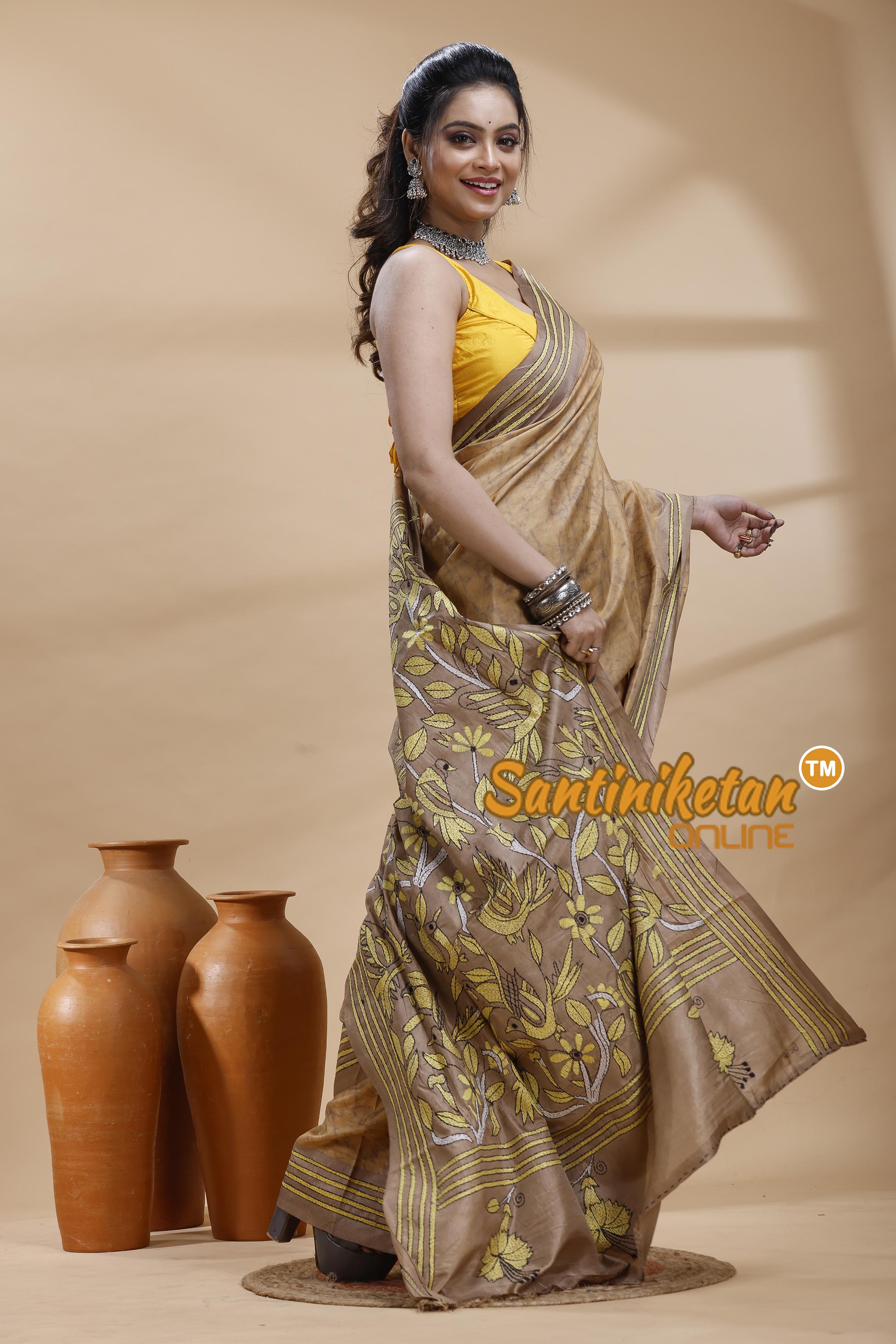 Bangalore Silk Batik Kantha Stitch Saree