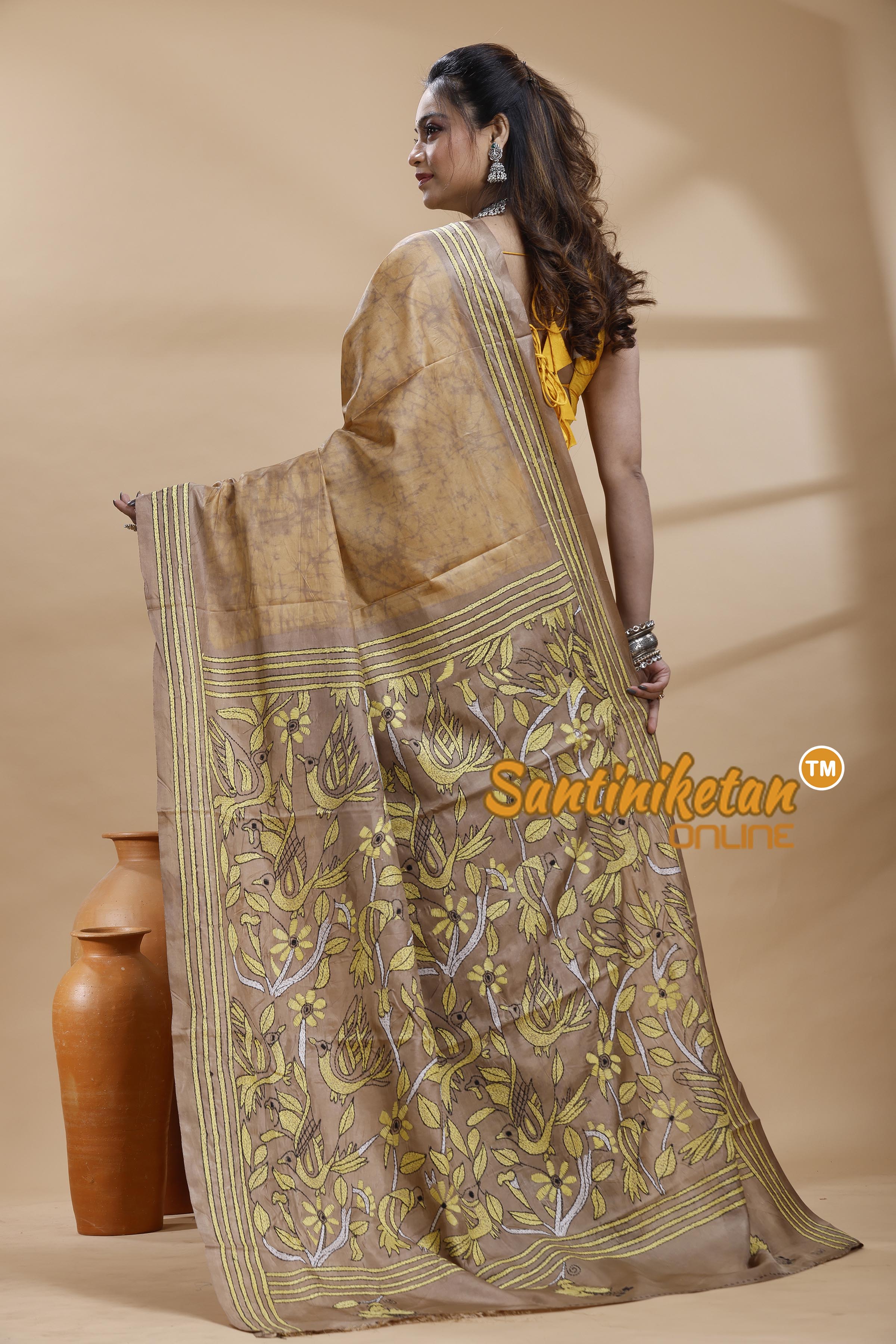 Bangalore Silk Batik Kantha Stitch Saree
