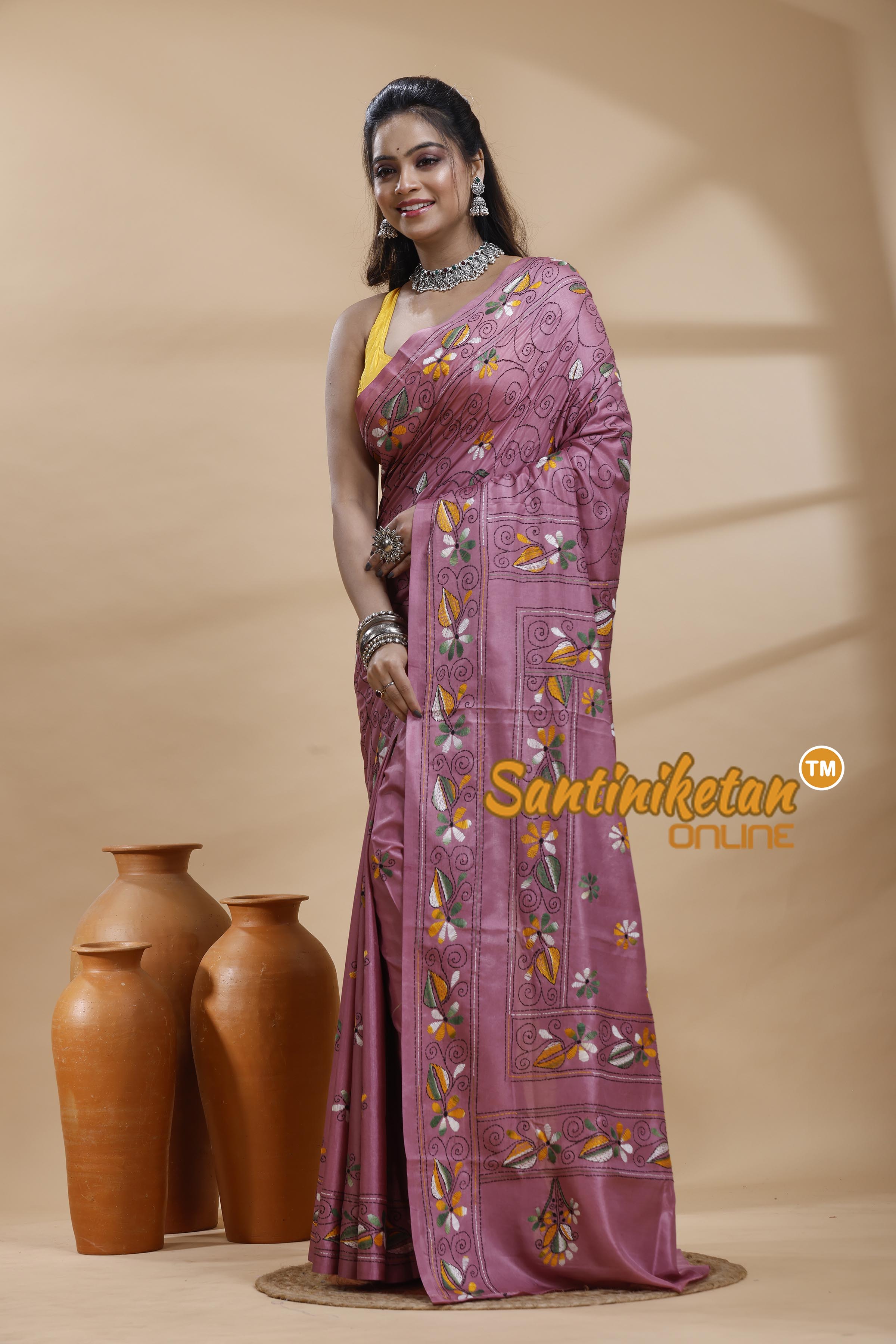 Bangalore Silk Kantha Stitch Saree