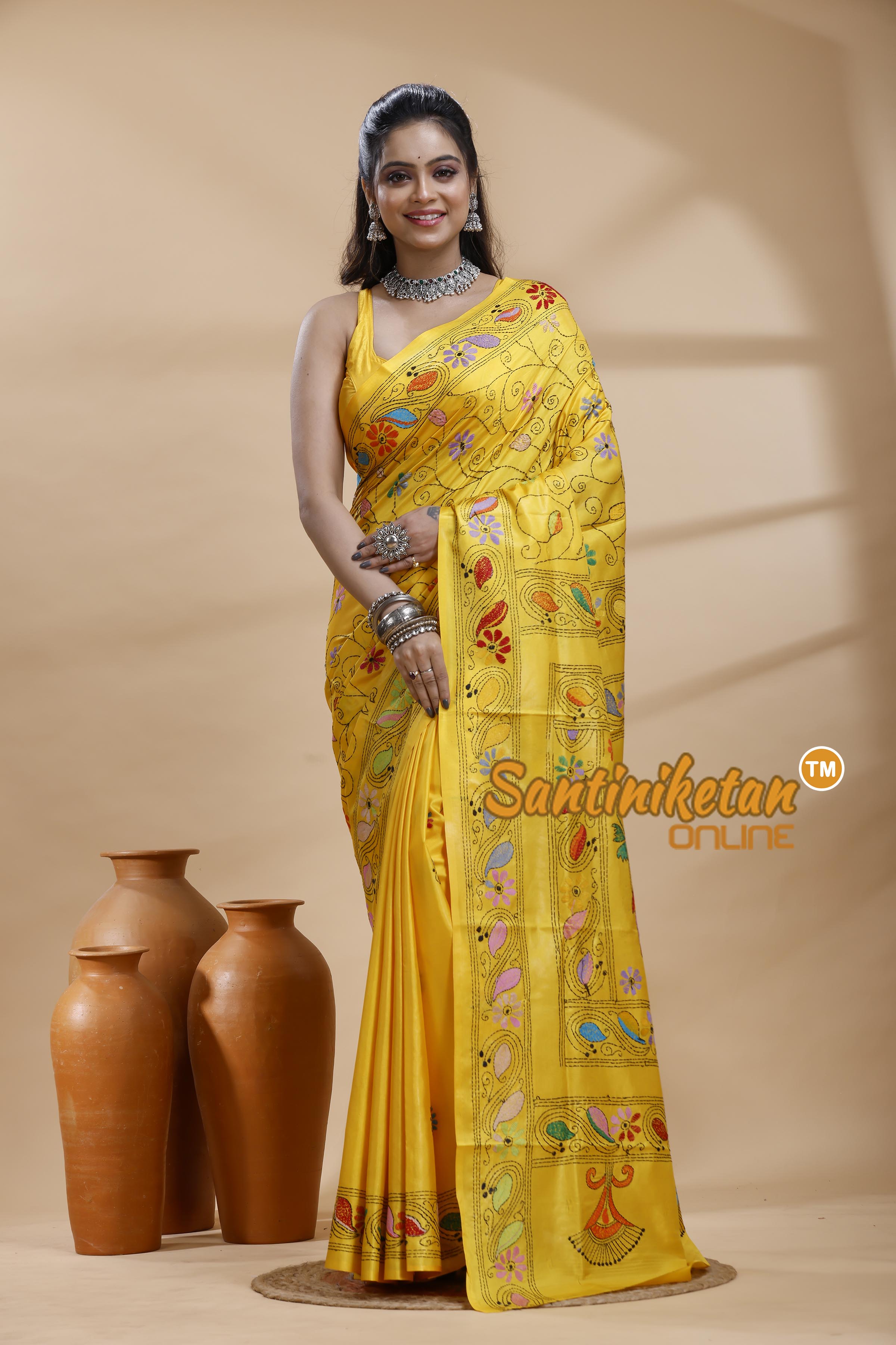 Bangalore Silk Kantha Stitch Saree