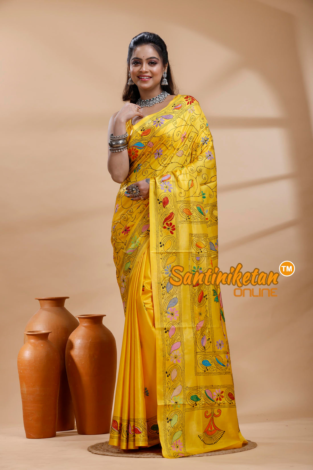 Bangalore Silk Kantha Stitch Saree