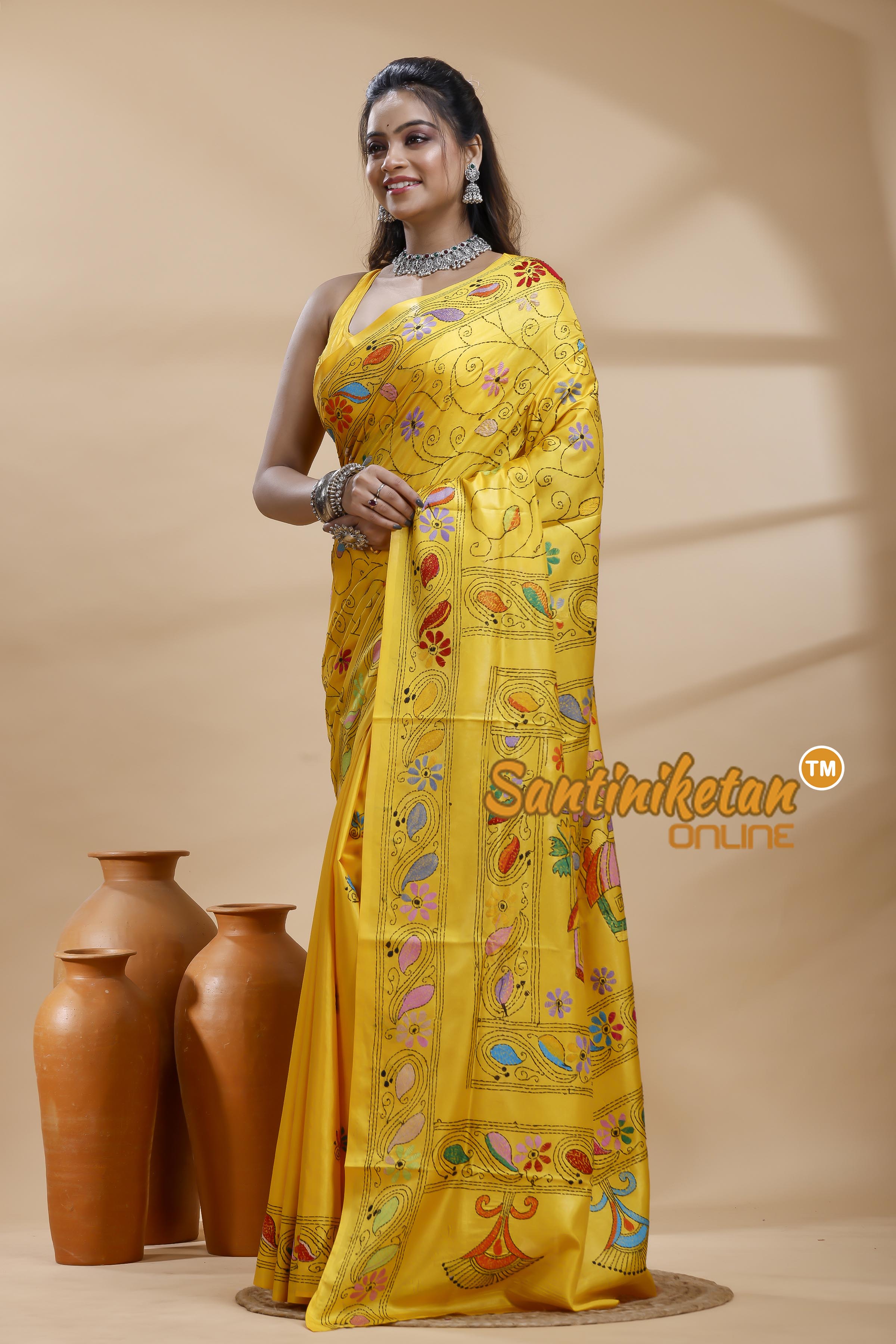 Bangalore Silk Kantha Stitch Saree