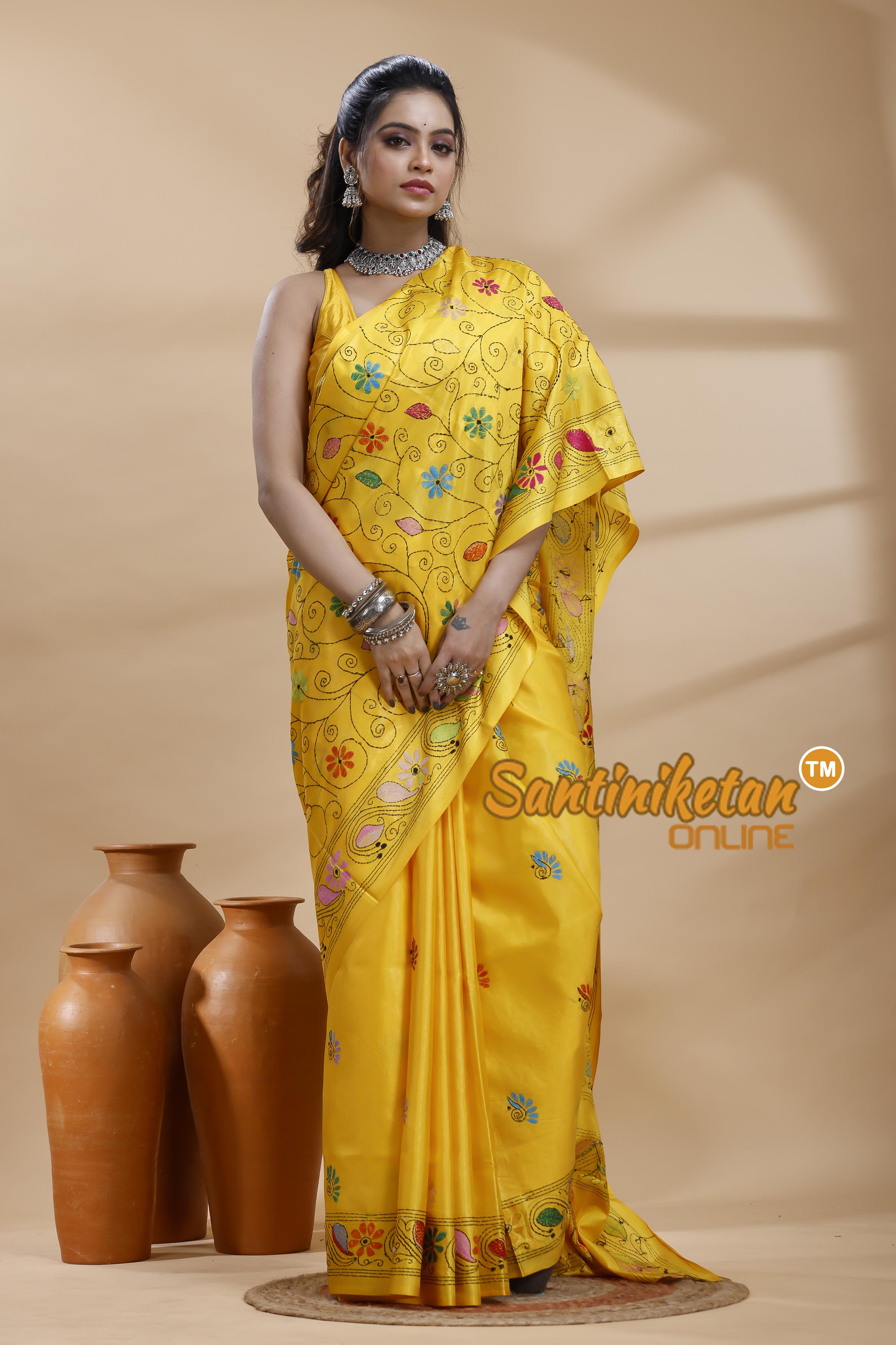 Bangalore Silk Kantha Stitch Saree
