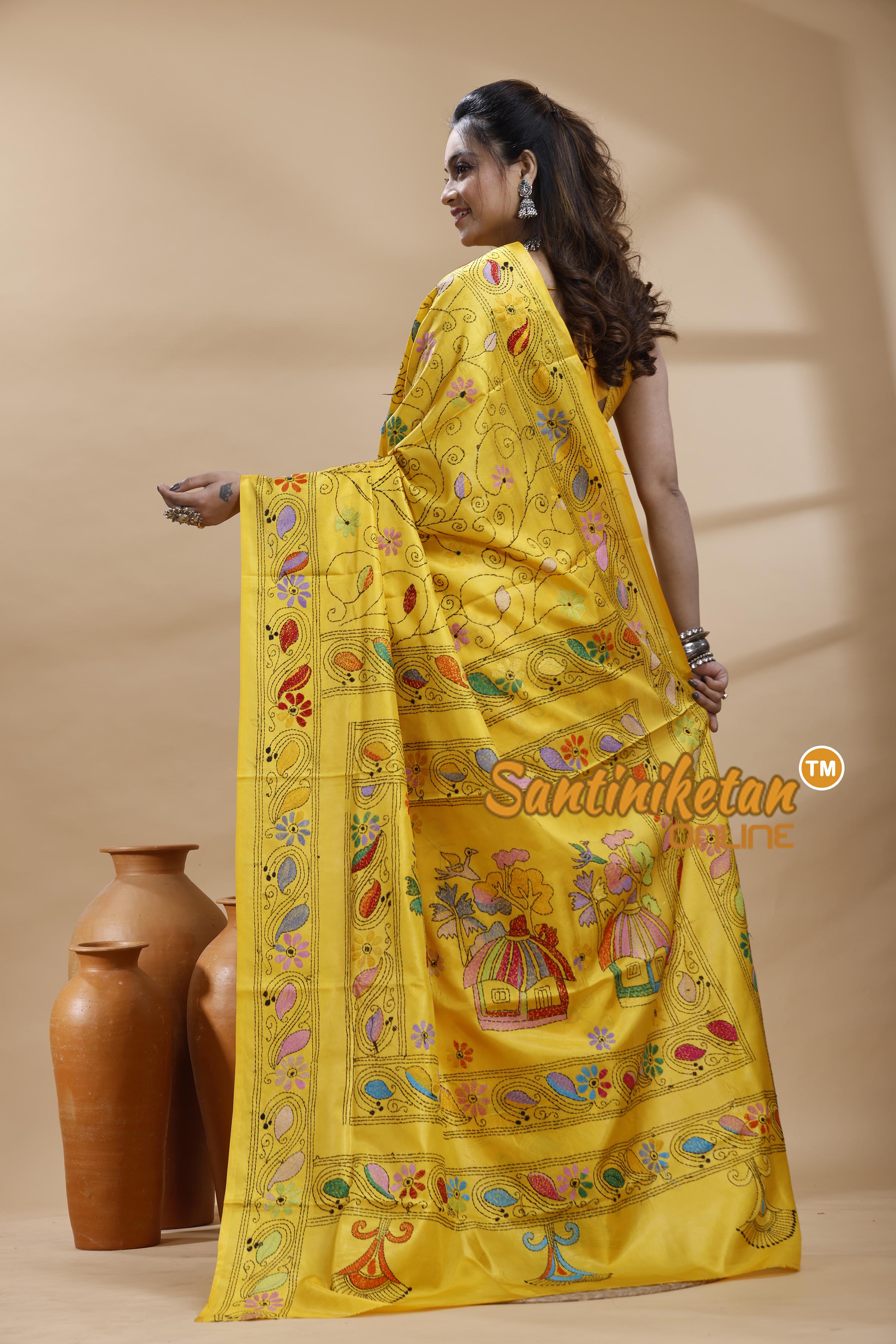 Bangalore Silk Kantha Stitch Saree