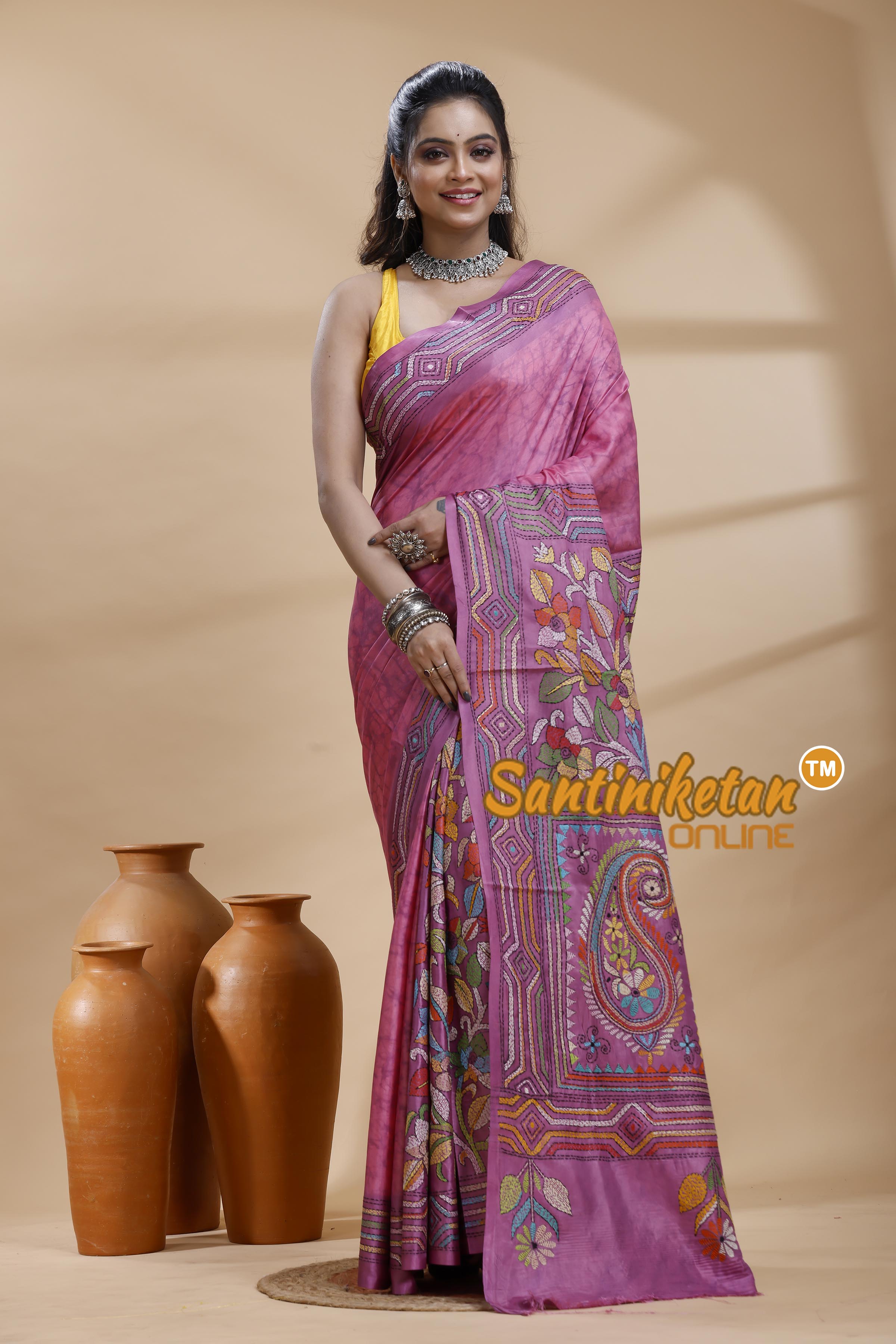 Bangalore Silk Batik Kantha Stitch Saree