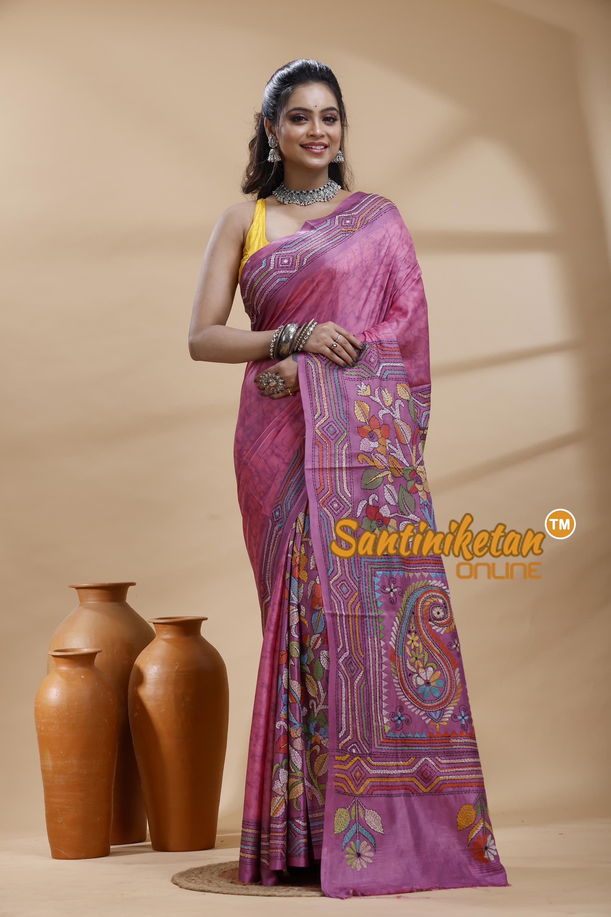Bangalore Silk Batik Kantha Stitch Saree