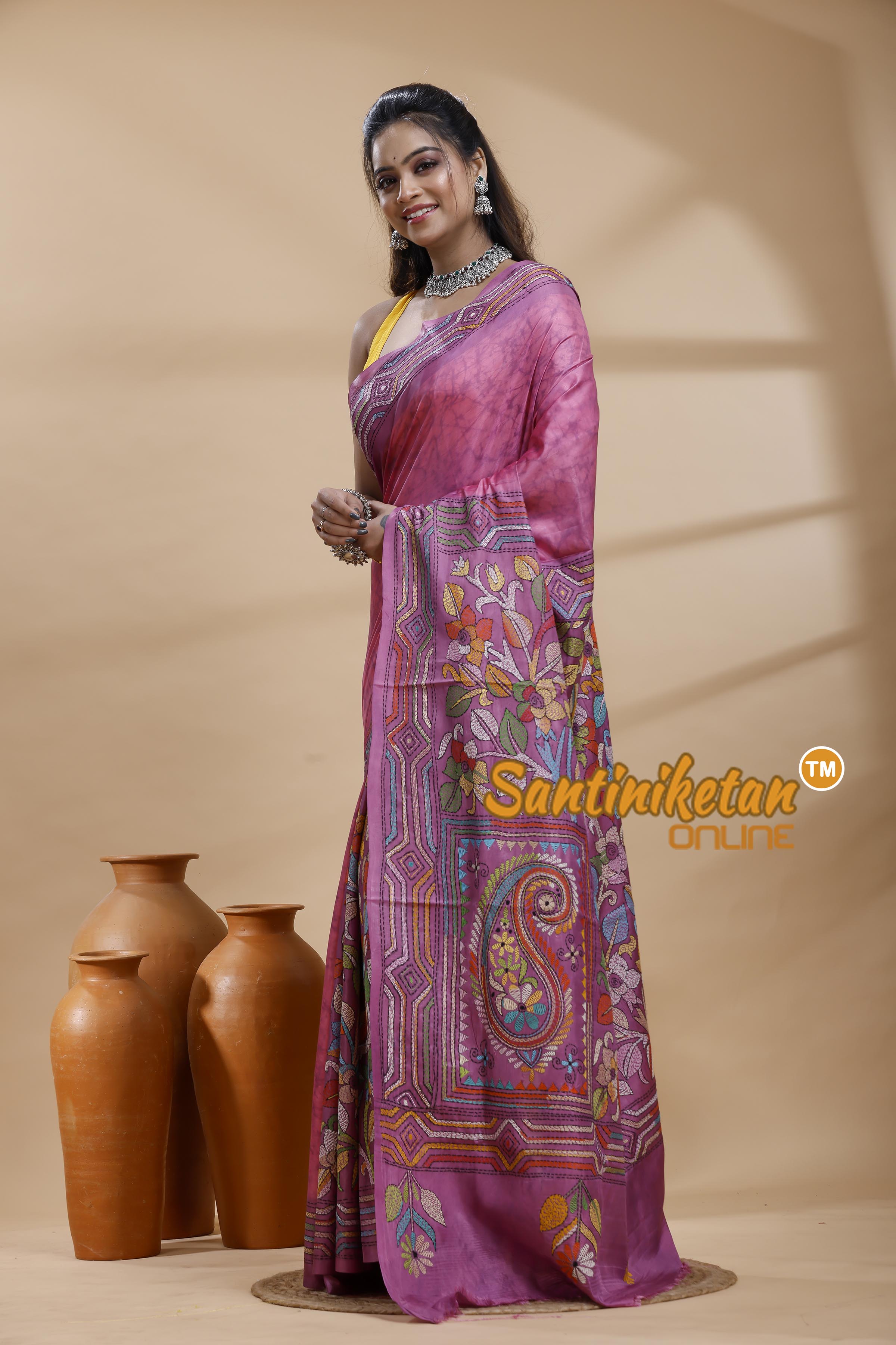 Bangalore Silk Batik Kantha Stitch Saree