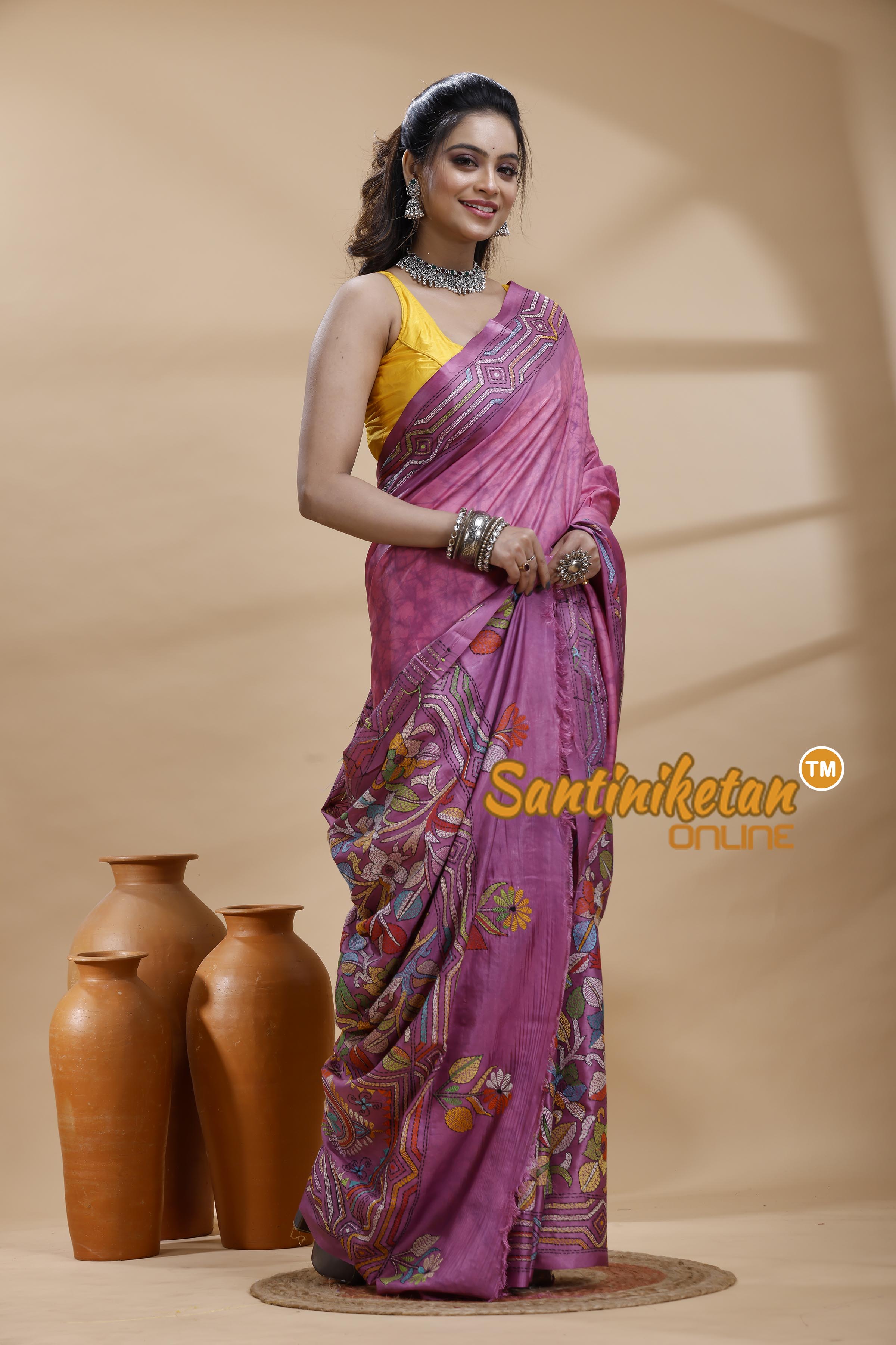 Bangalore Silk Batik Kantha Stitch Saree