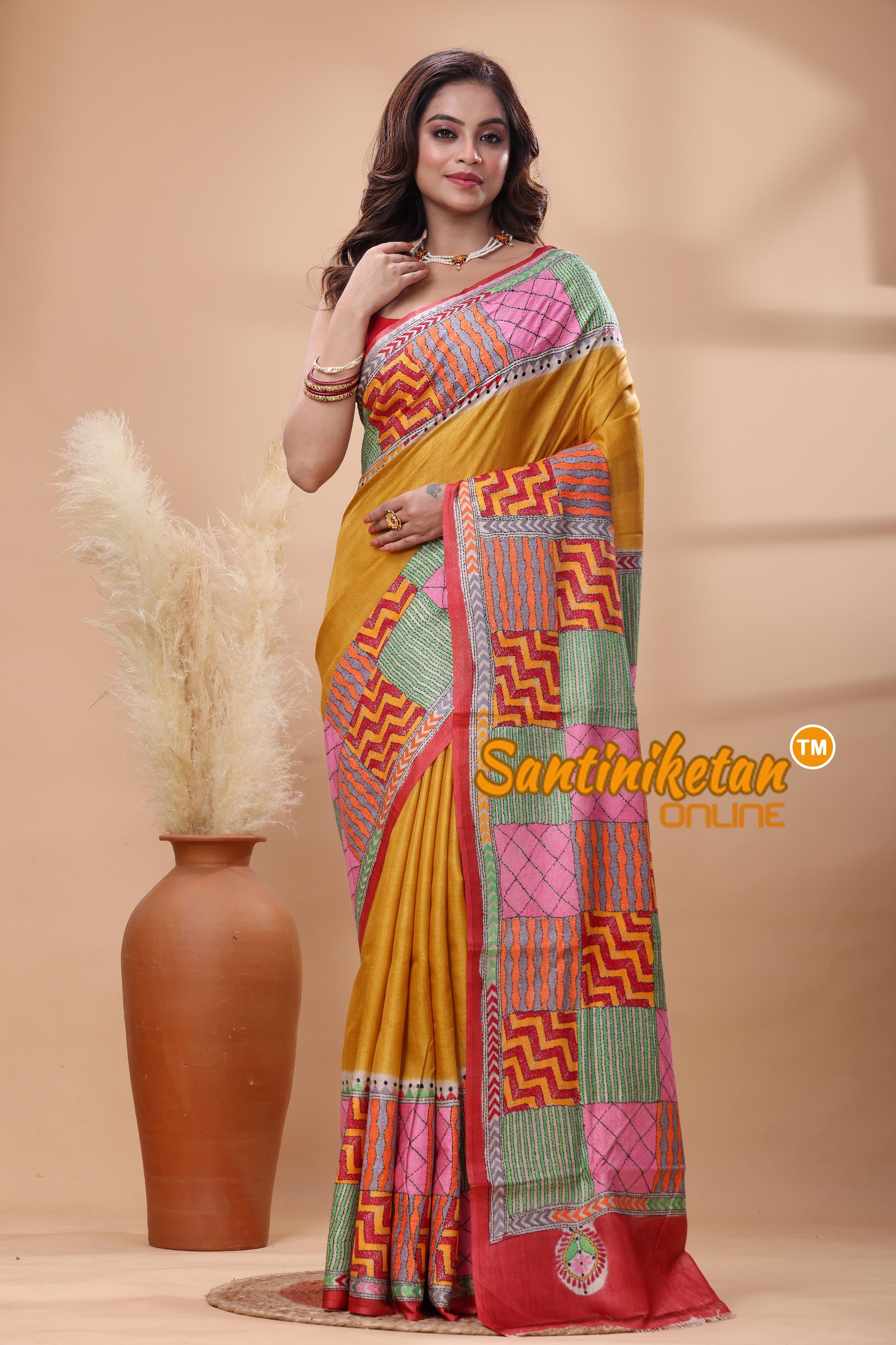 Dye Pure Gachi Tussar Silk Kantha Stitch Saree