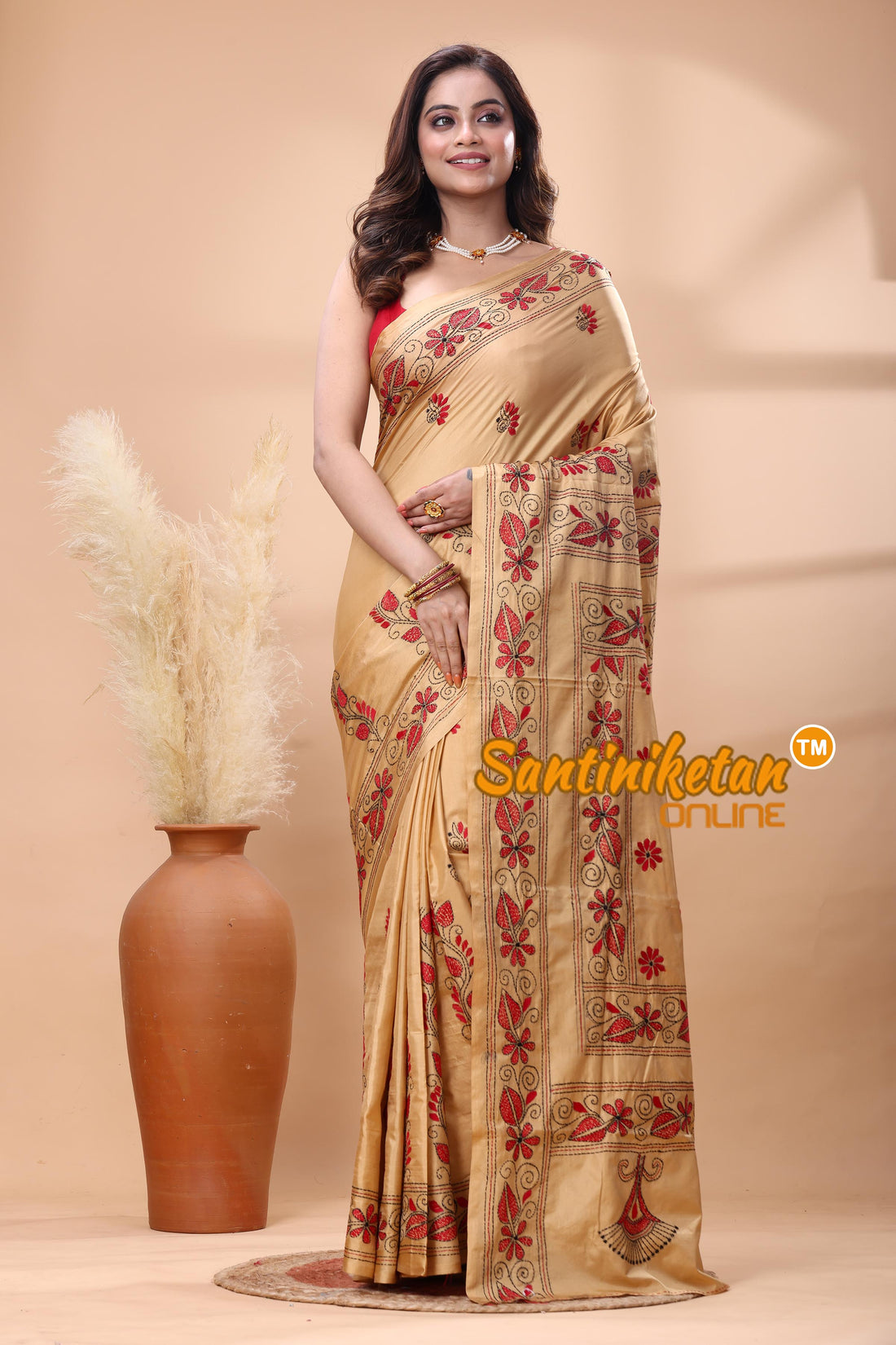 Bangalore Silk Kantha Stitch Saree