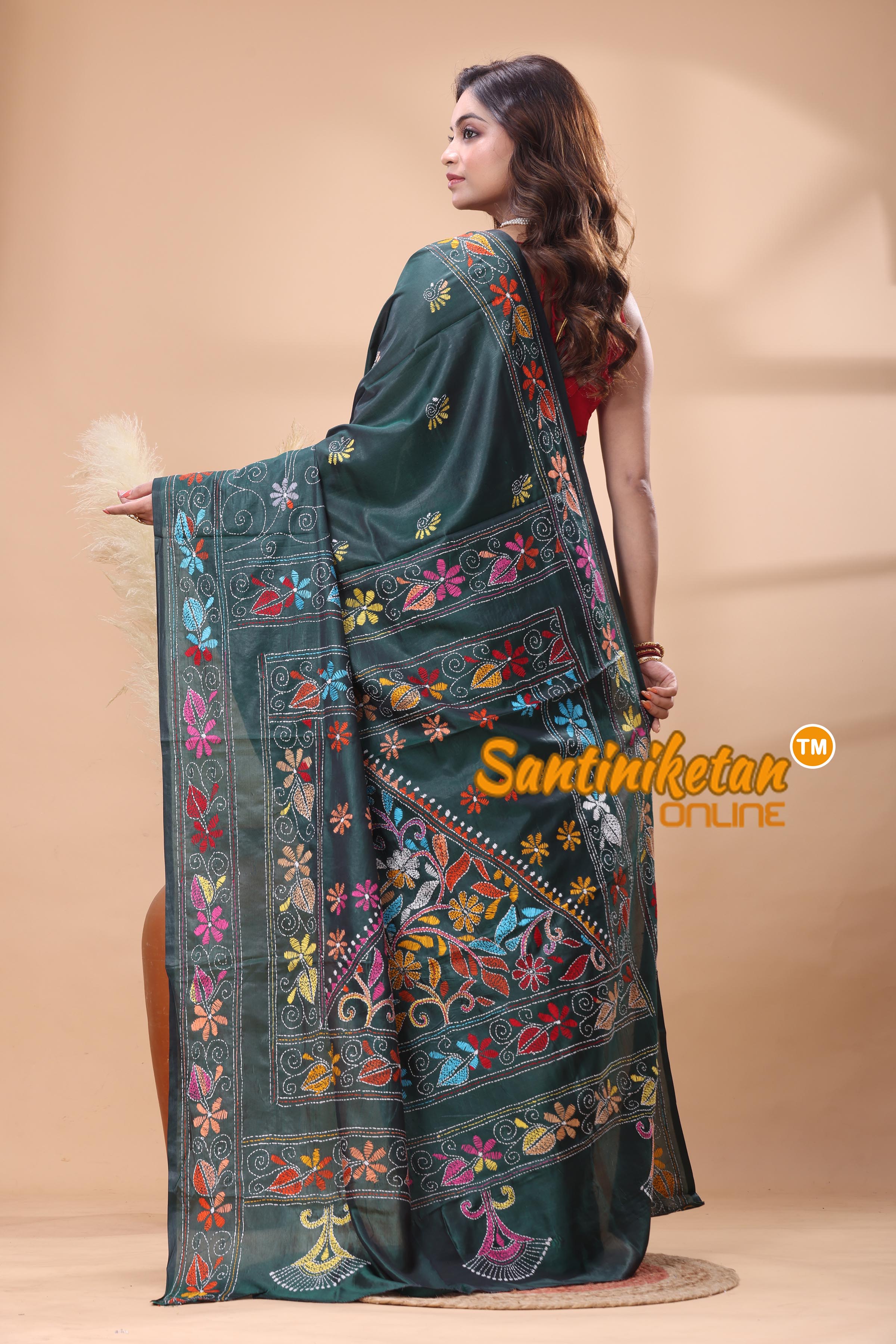 Bangalore Silk Kantha Stitch Saree