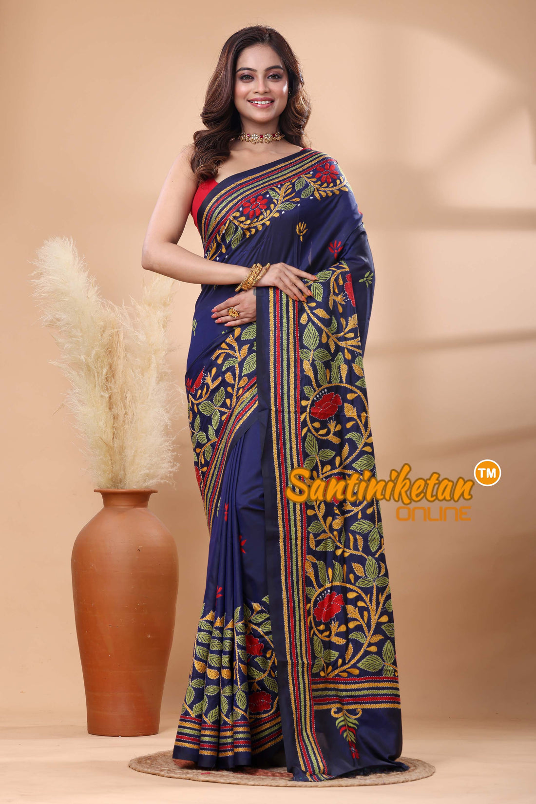 Bangalore Silk Kantha Stitch Saree