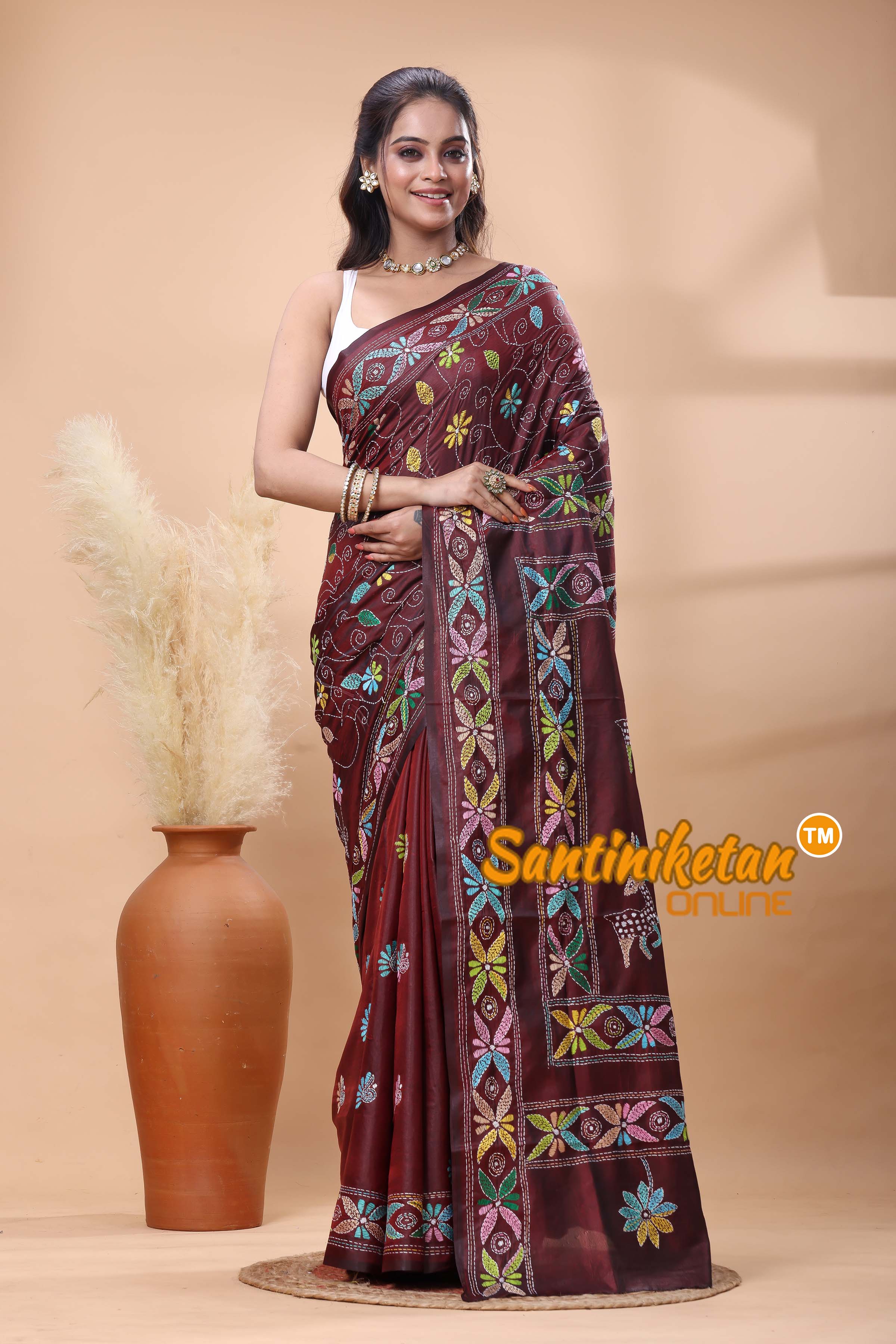 Bangalore Silk Kantha Stitch Saree